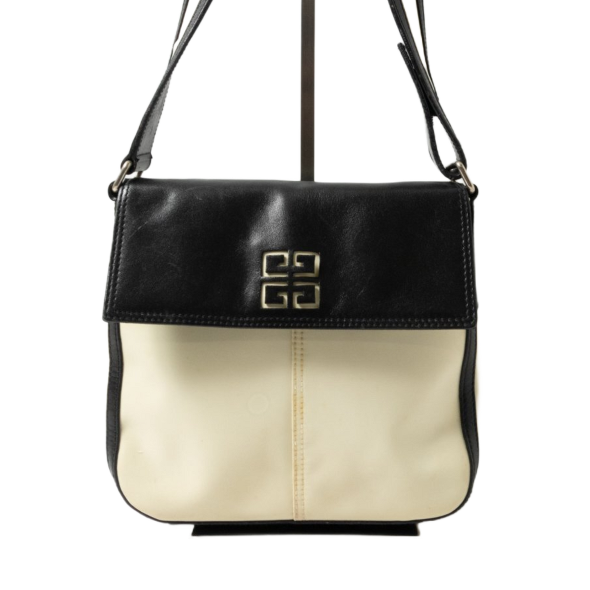 GIVENCHY Sac bandoulière Givenchy, vintage, cuir et nylon, noir et blanc cassé