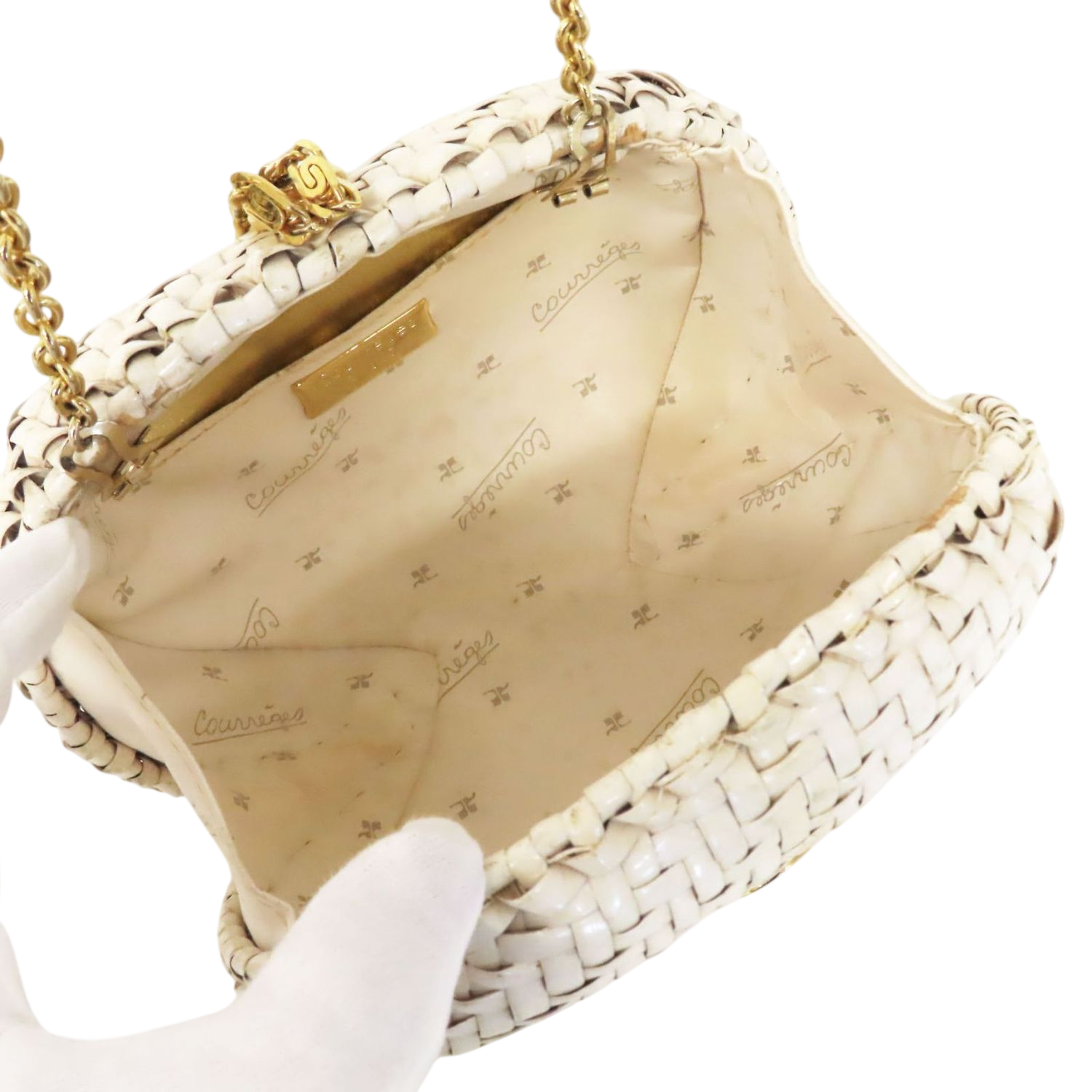 Courrèges Elegant White Woven Mini Bag with Chain Strap