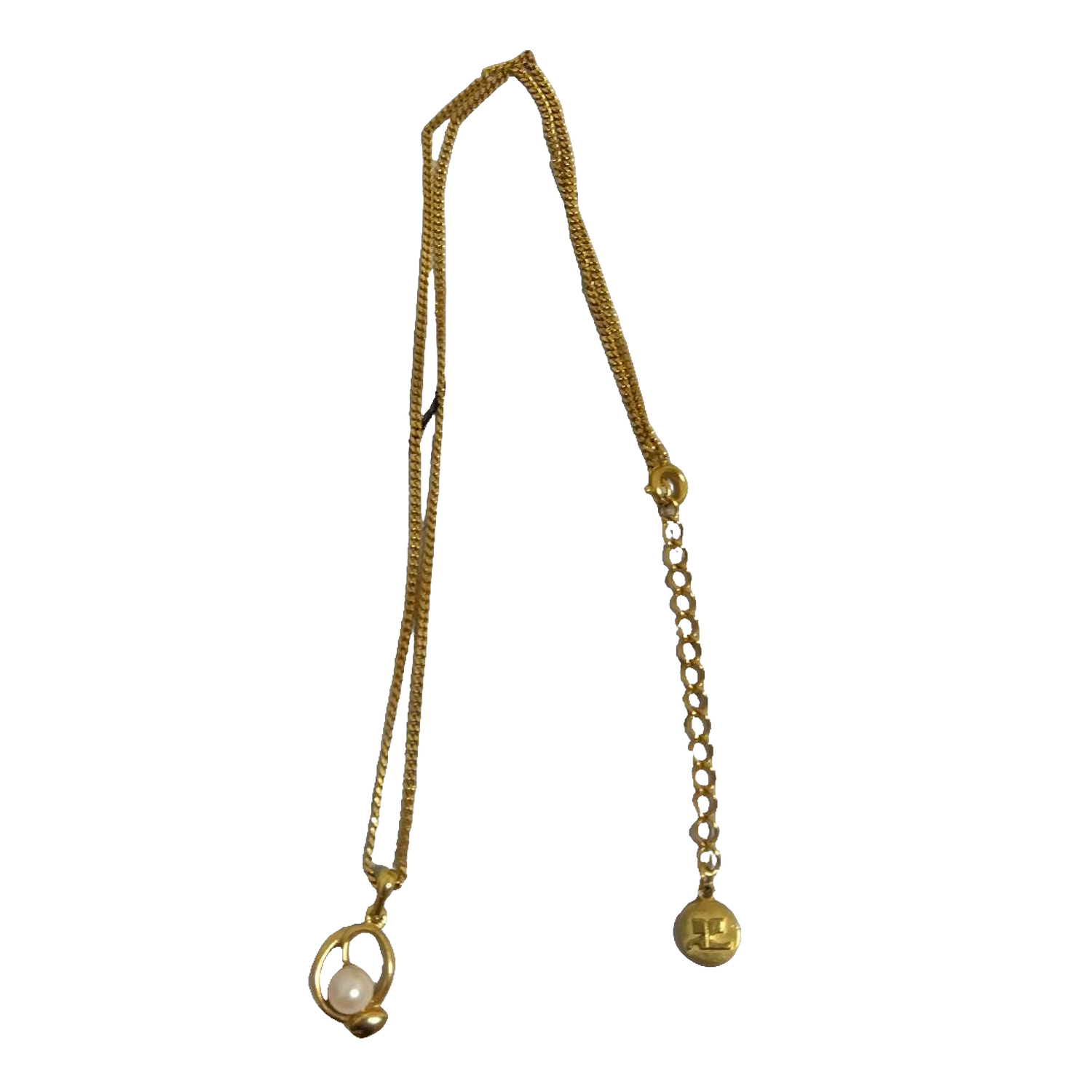 Courreges Necklace Gold Pearl Pendant Vintage Chain Women Jewelry