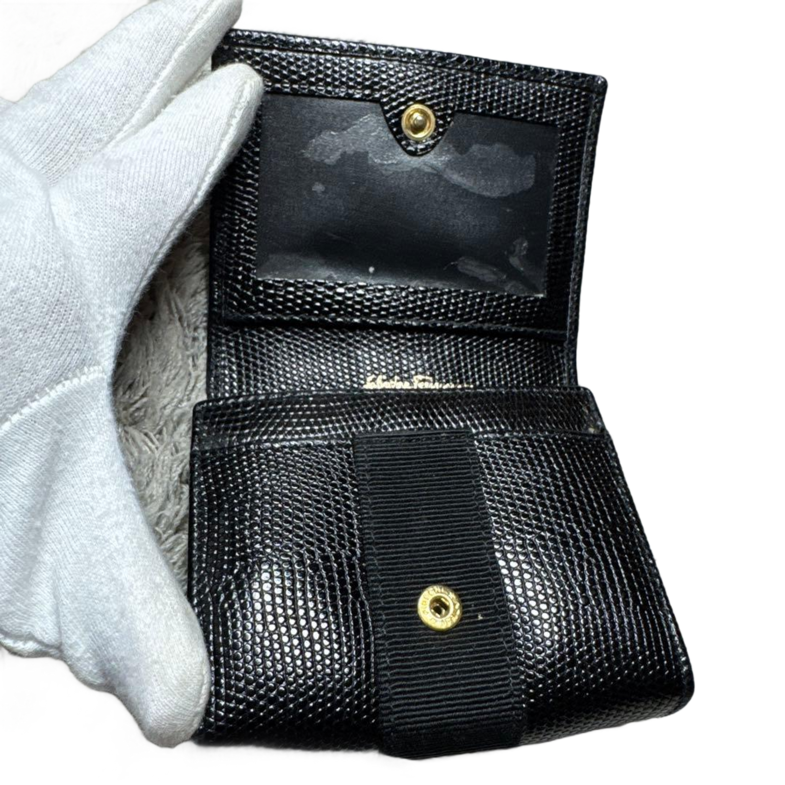 FERRAGAMO Porte-monnaie noir cuir grainé avec boite/facture
