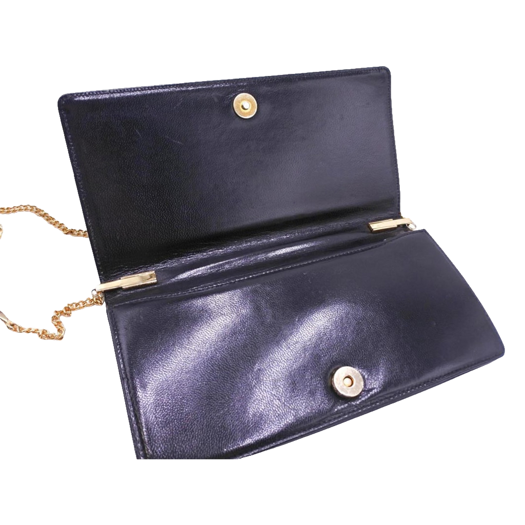 PIERRE CARDIN Pochette soirée cuir noir lisse chaîne dorée logo PC