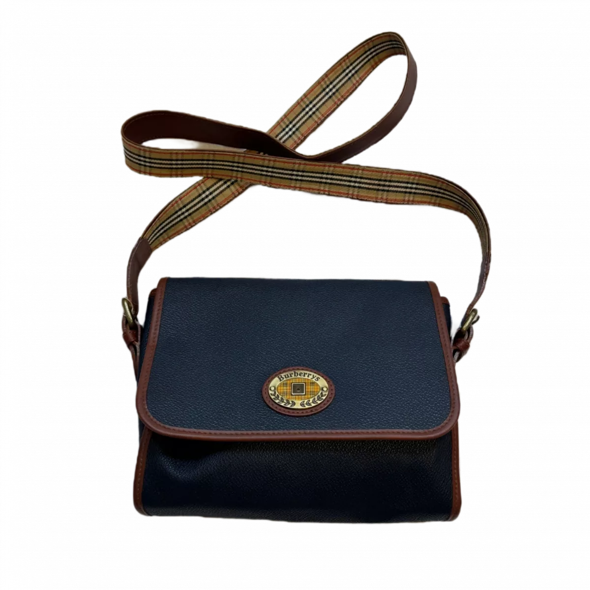 BURBERRY Sac bandoulière cuir grainé bleu nuit et rayé