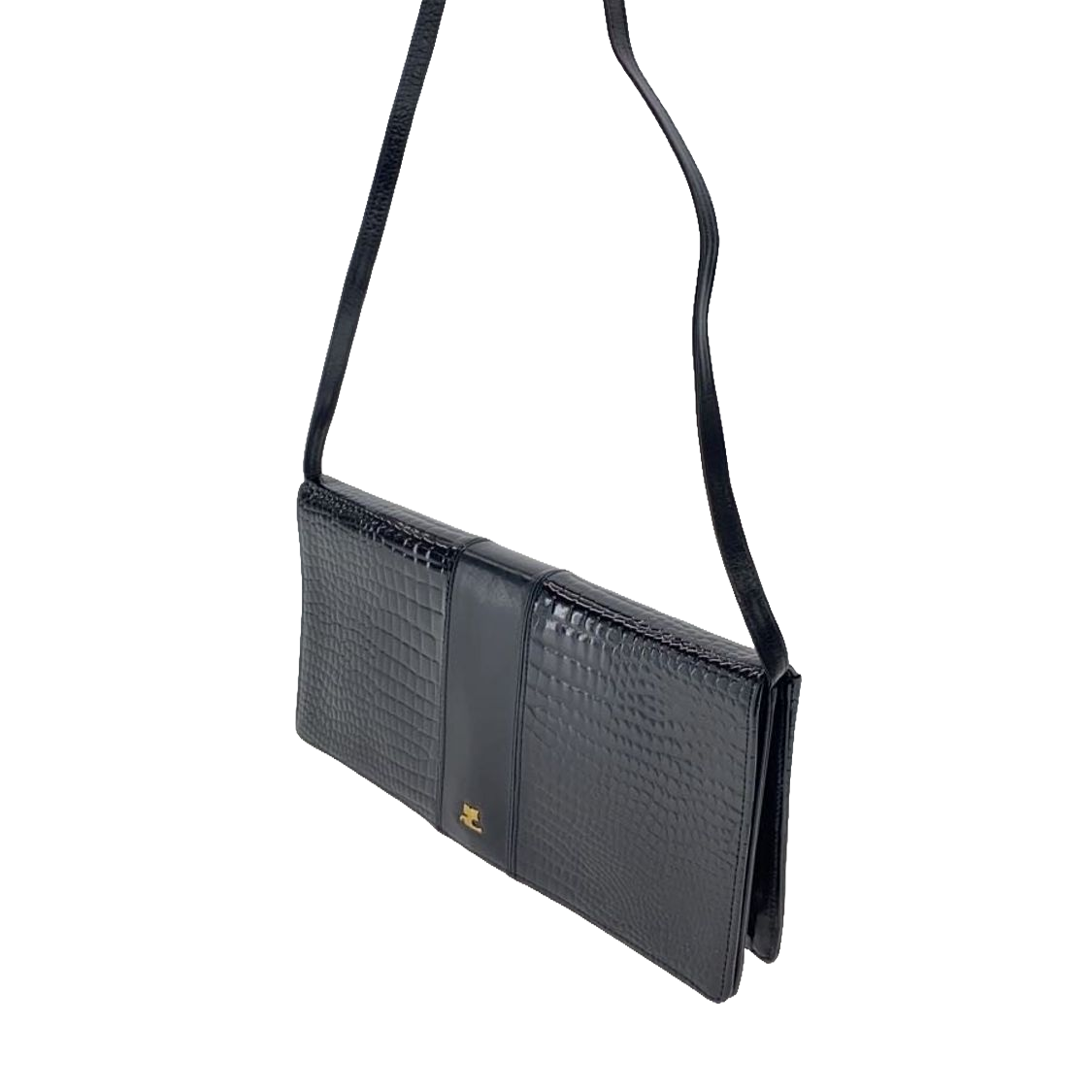 COURRÈGES Pochette bandoulière cuir effet croco noir logo doré