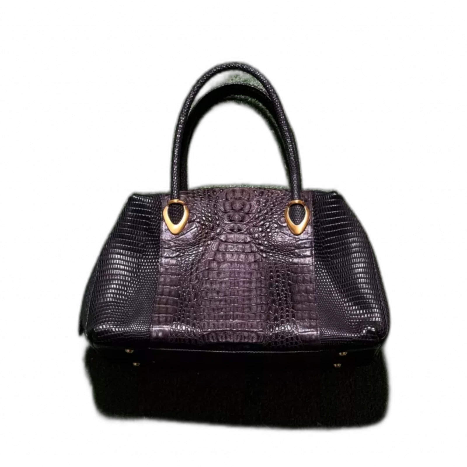 MULTI-MARQUES Sac crocodile et lézard noir avec anse et bijouterie doré sans marque