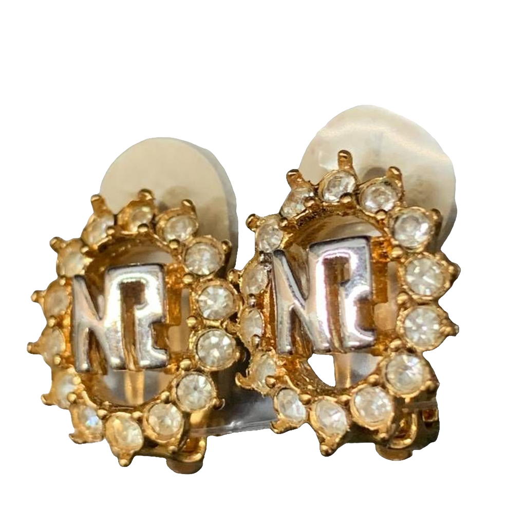 Nina Ricci Earrings Gold Silver NR Monogram Vintage Rhinestone Clip-On