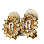 Nina Ricci Earrings Gold Silver NR Monogram Vintage Rhinestone Clip-On
