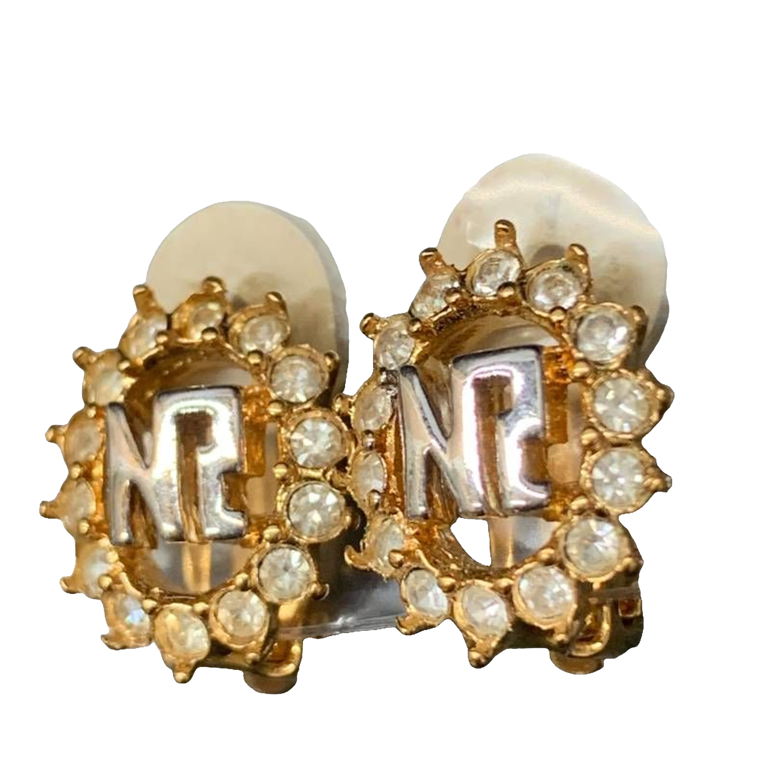 Nina Ricci Earrings Gold Silver NR Monogram Vintage Rhinestone Clip-On