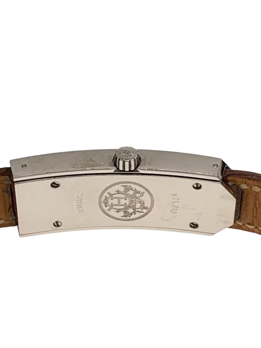 HERMÈS Paris Montre Kelly II acier cadran blanc chiffres arabes double tour cuir marron