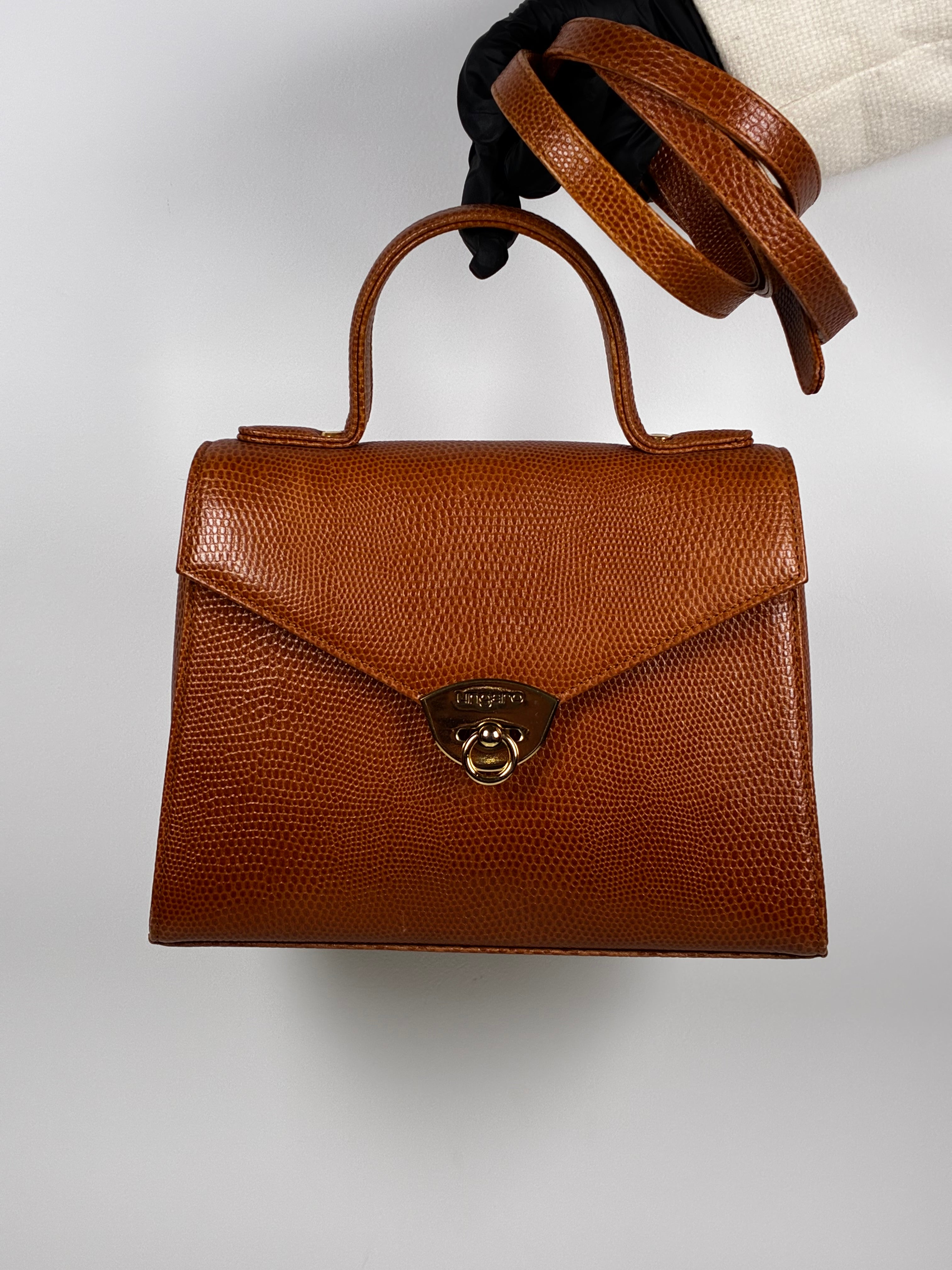 Ungaro Sac à Main en cuir façon lézard cognac