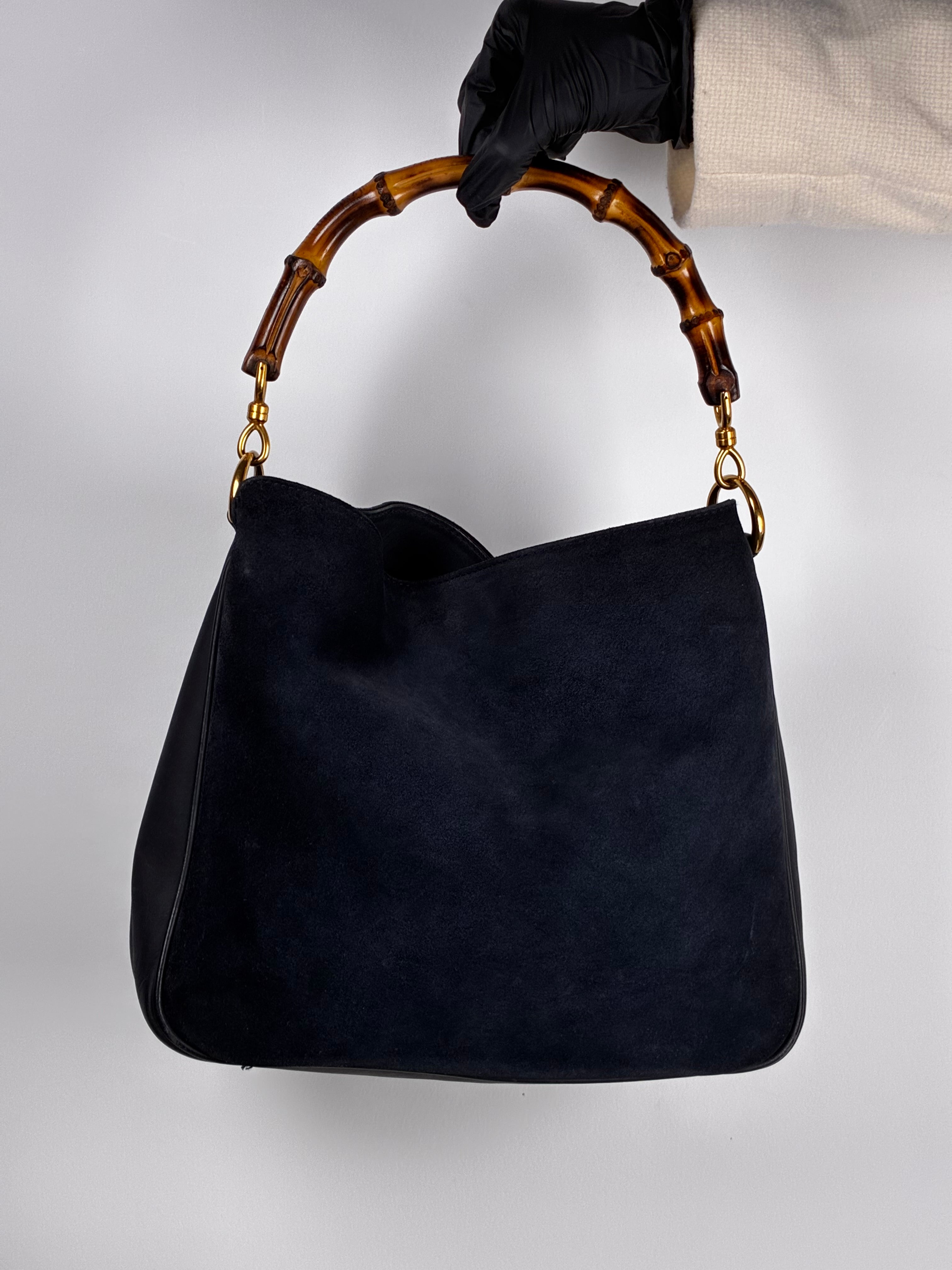 Gucci Sac Bamboo en daim bleu nuit et cuir noir