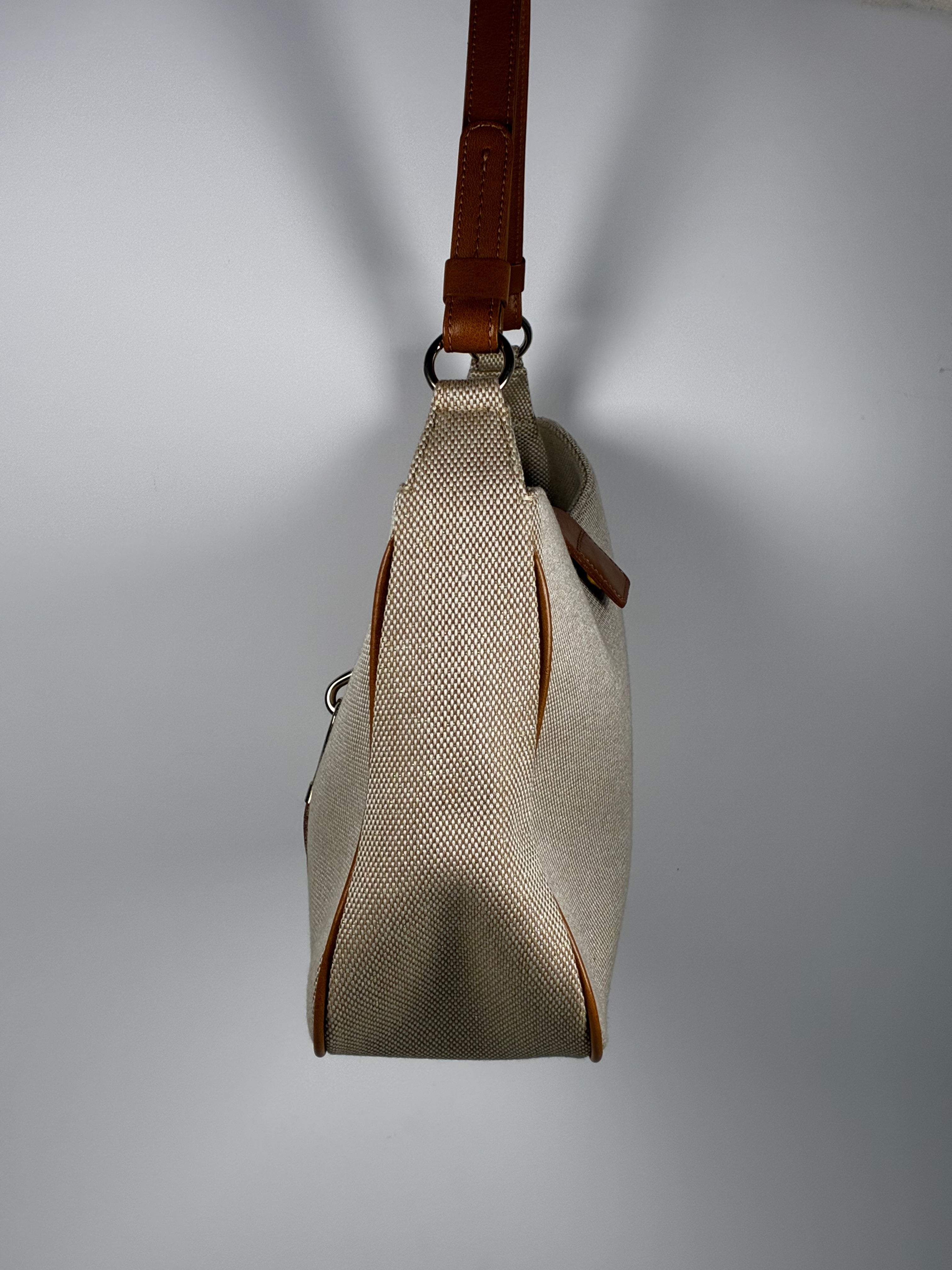Ungaro Sac Hobo en toile canvas beige et cuir caramel