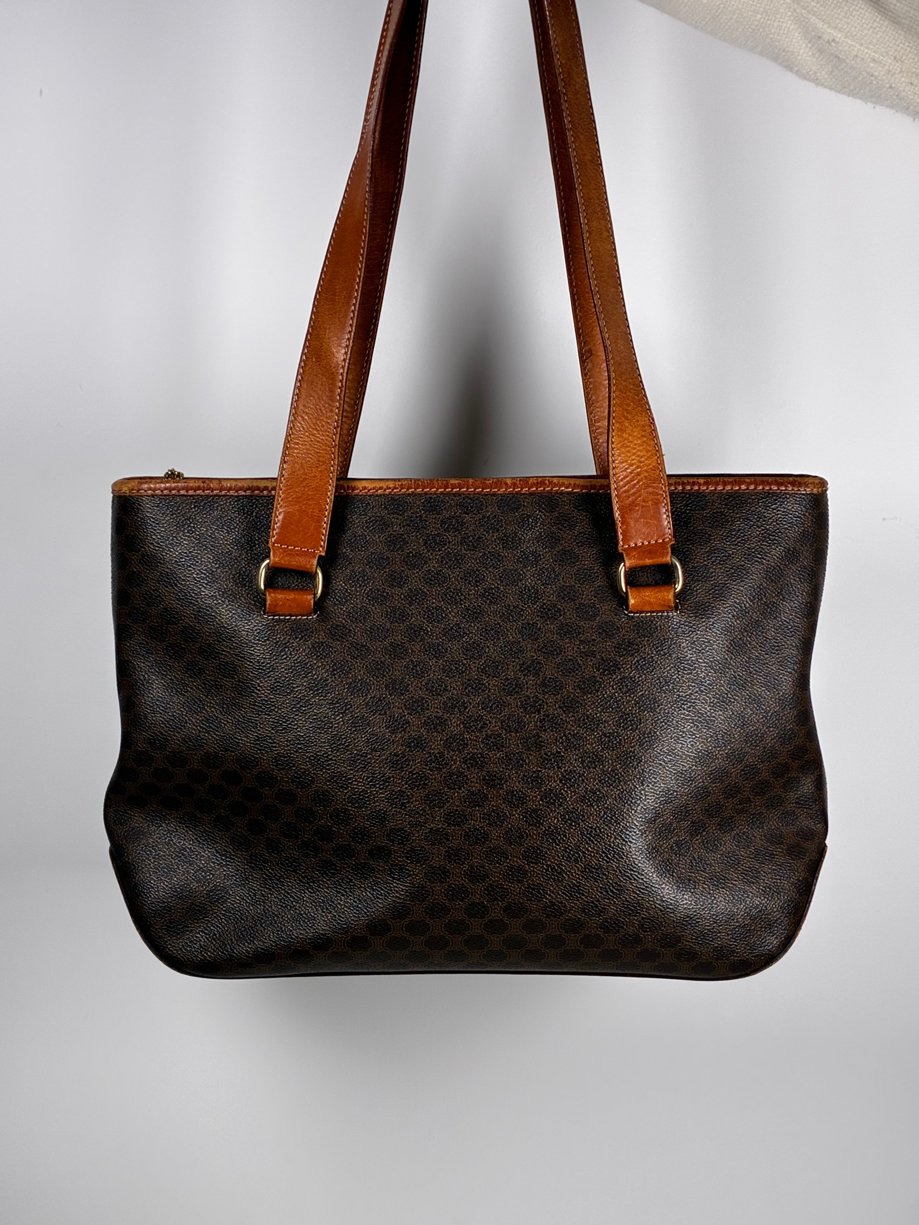 Céline Sac Cabas Macadam en toile monogramme brun et anses cuir cognac