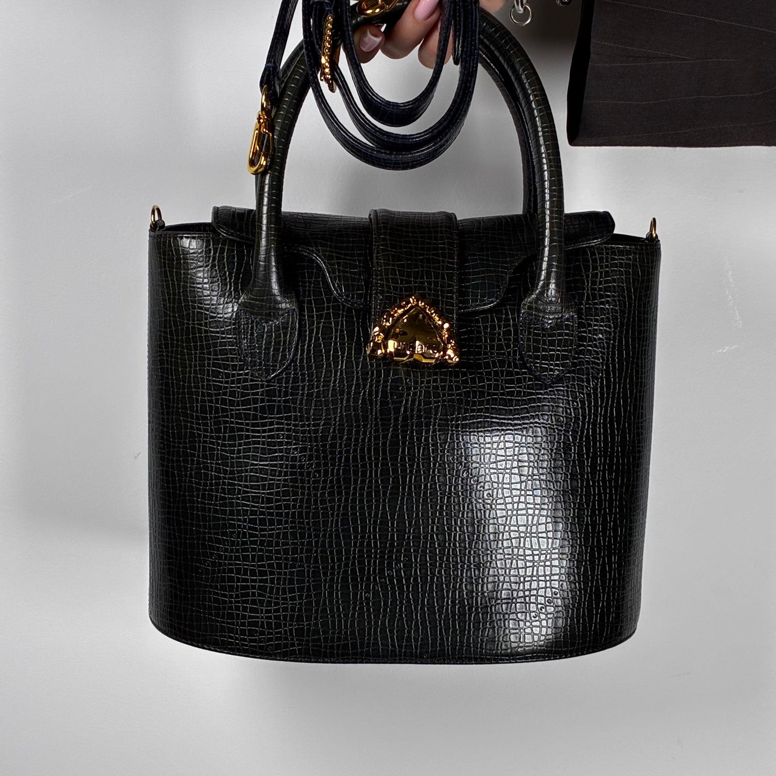 Ungaro Paris black lizard-effect grained leather bucket bag