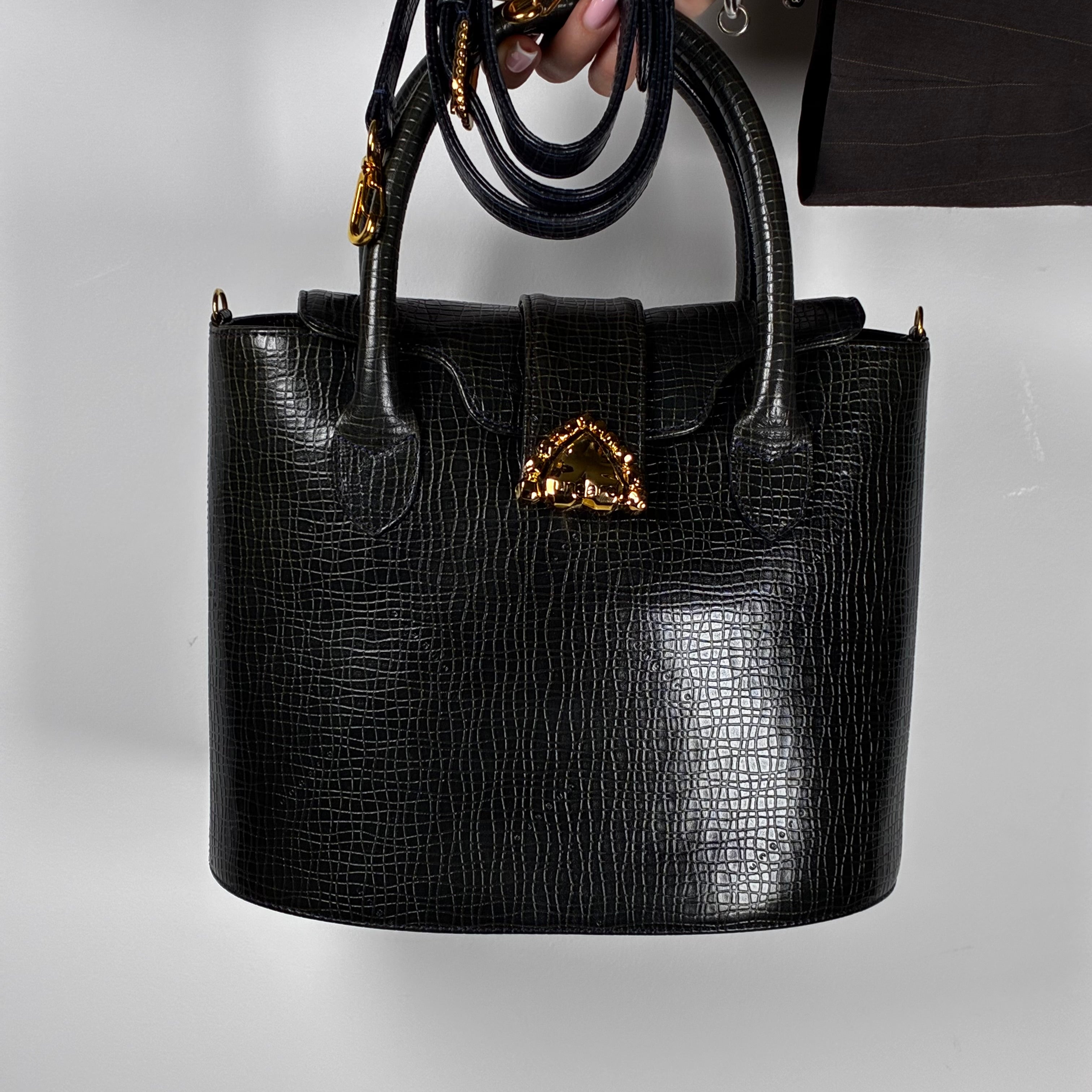 Ungaro Paris black lizard-effect grained leather bucket bag