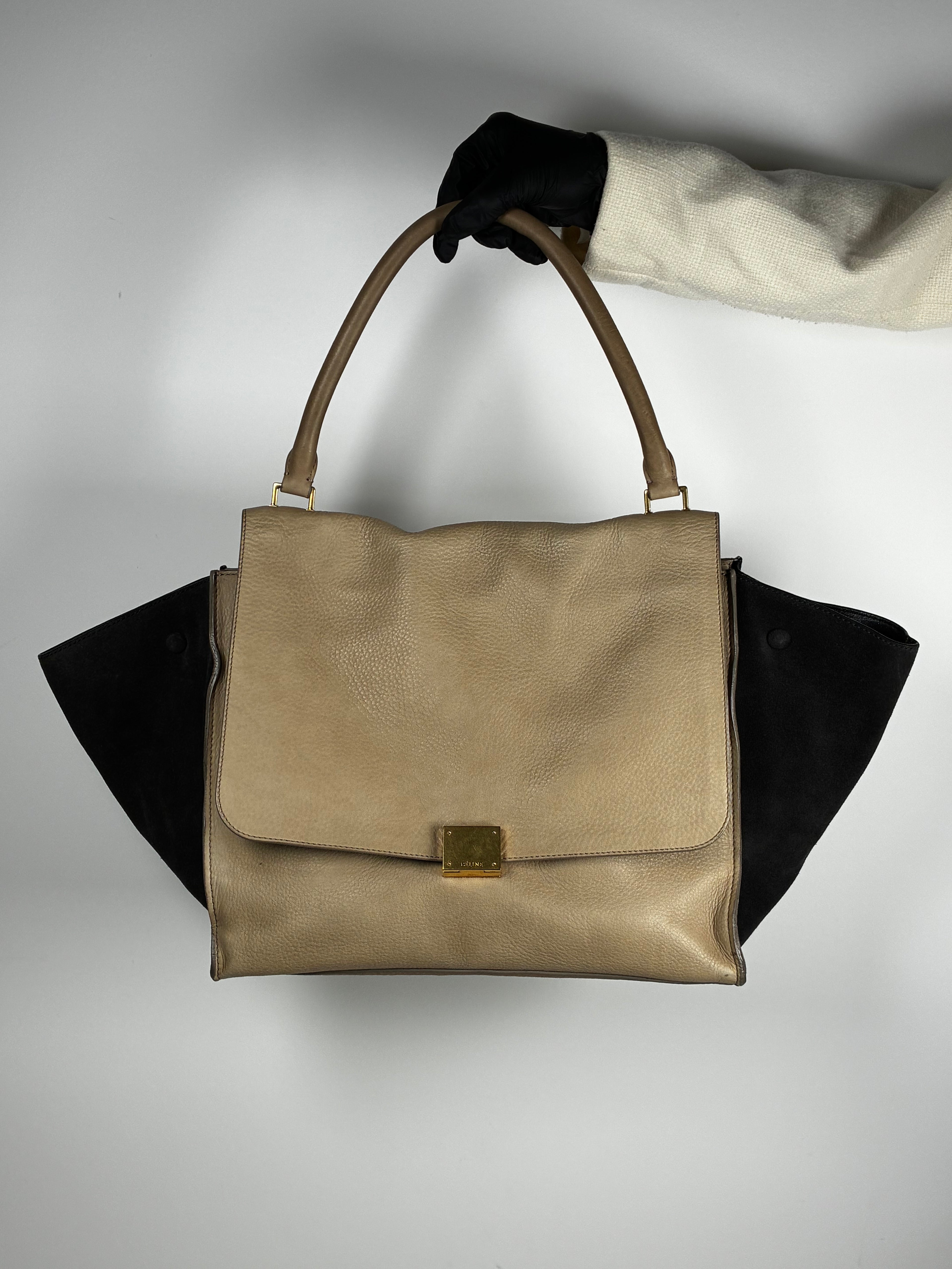 Céline Sac Trapèze en cuir grainé taupe et daim noir