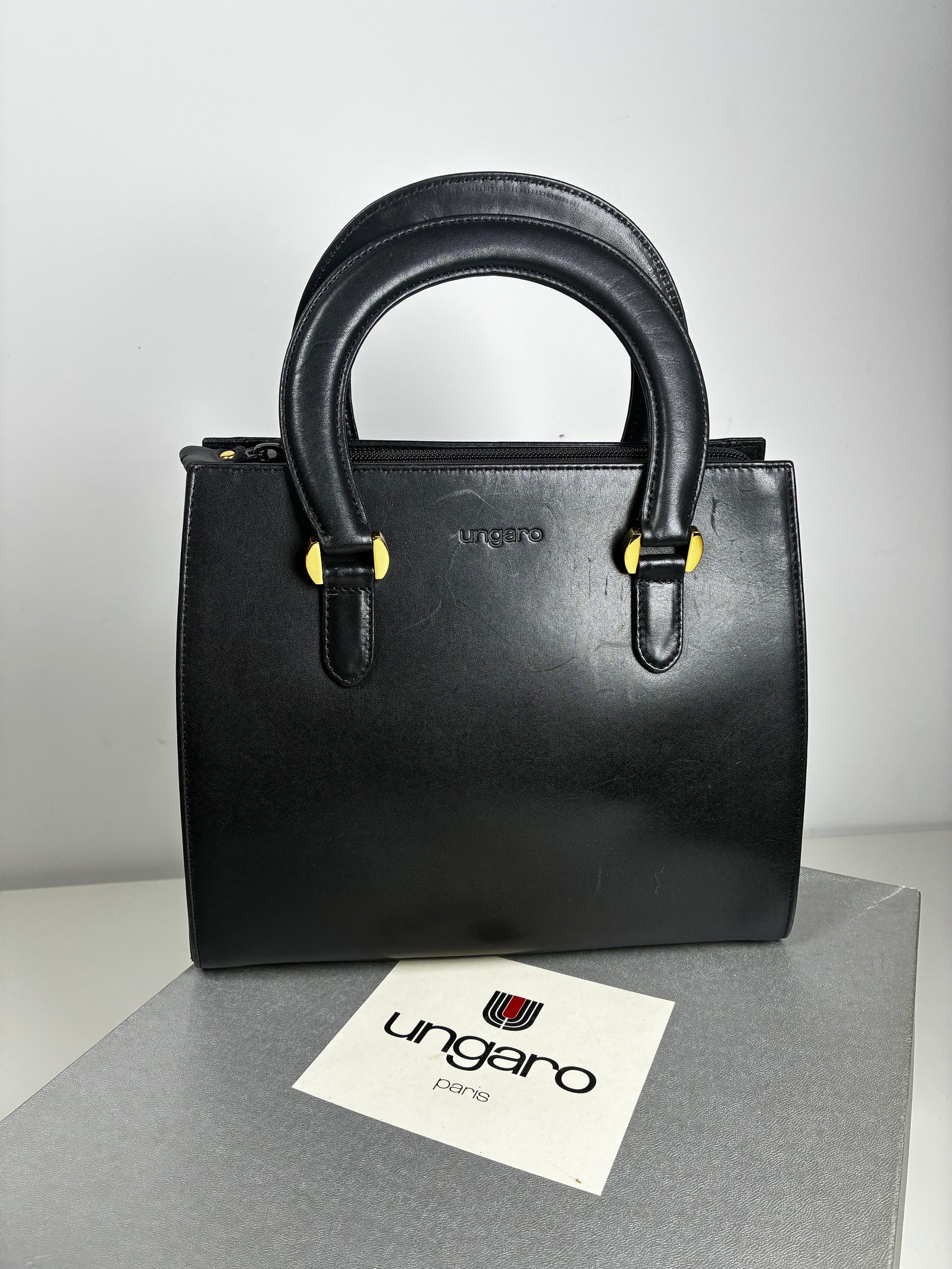 UNGARO Black City Bag with Twisted Gilt Hardware M