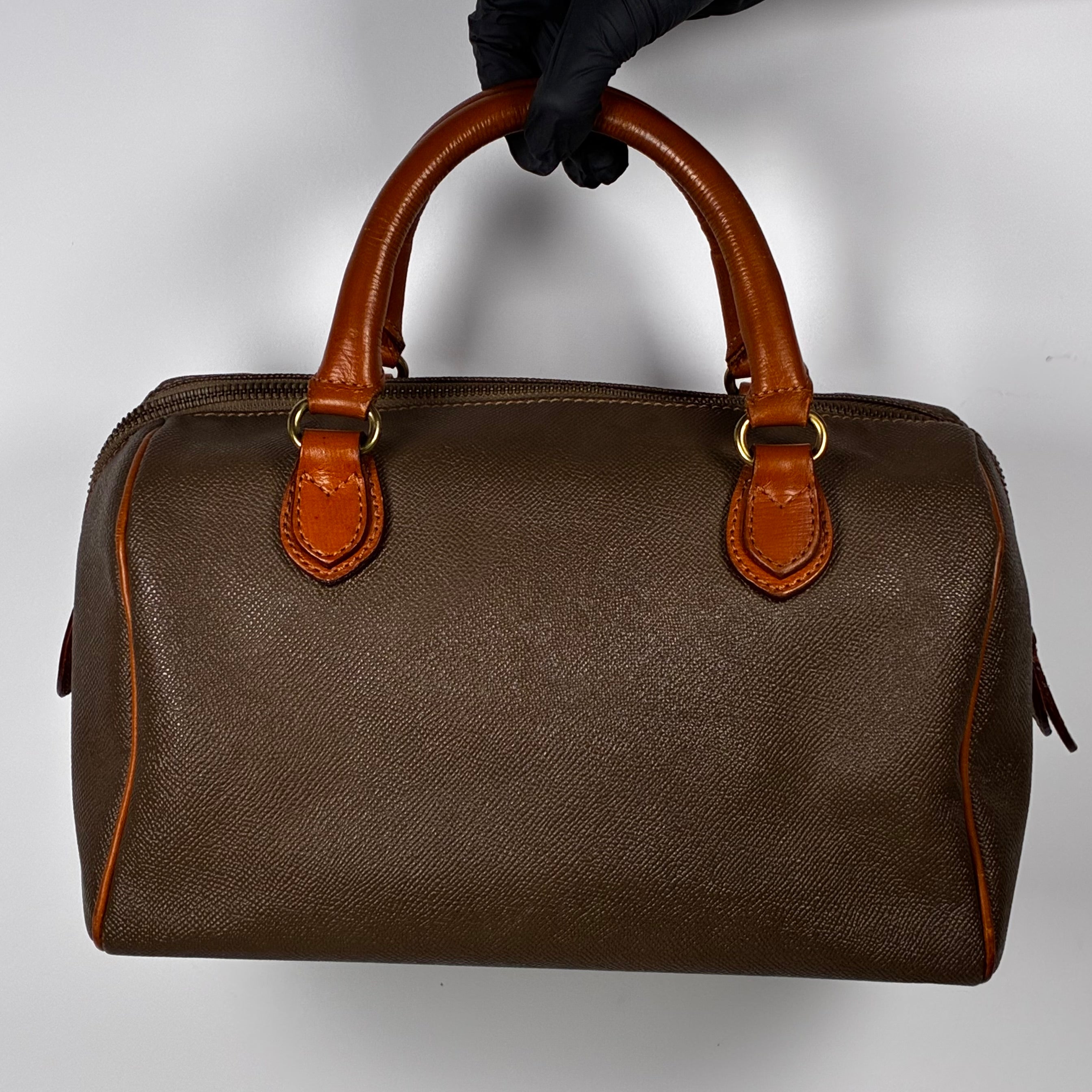 Courrèges Sac Mini Boston en toile enduite marron et cuir cognac