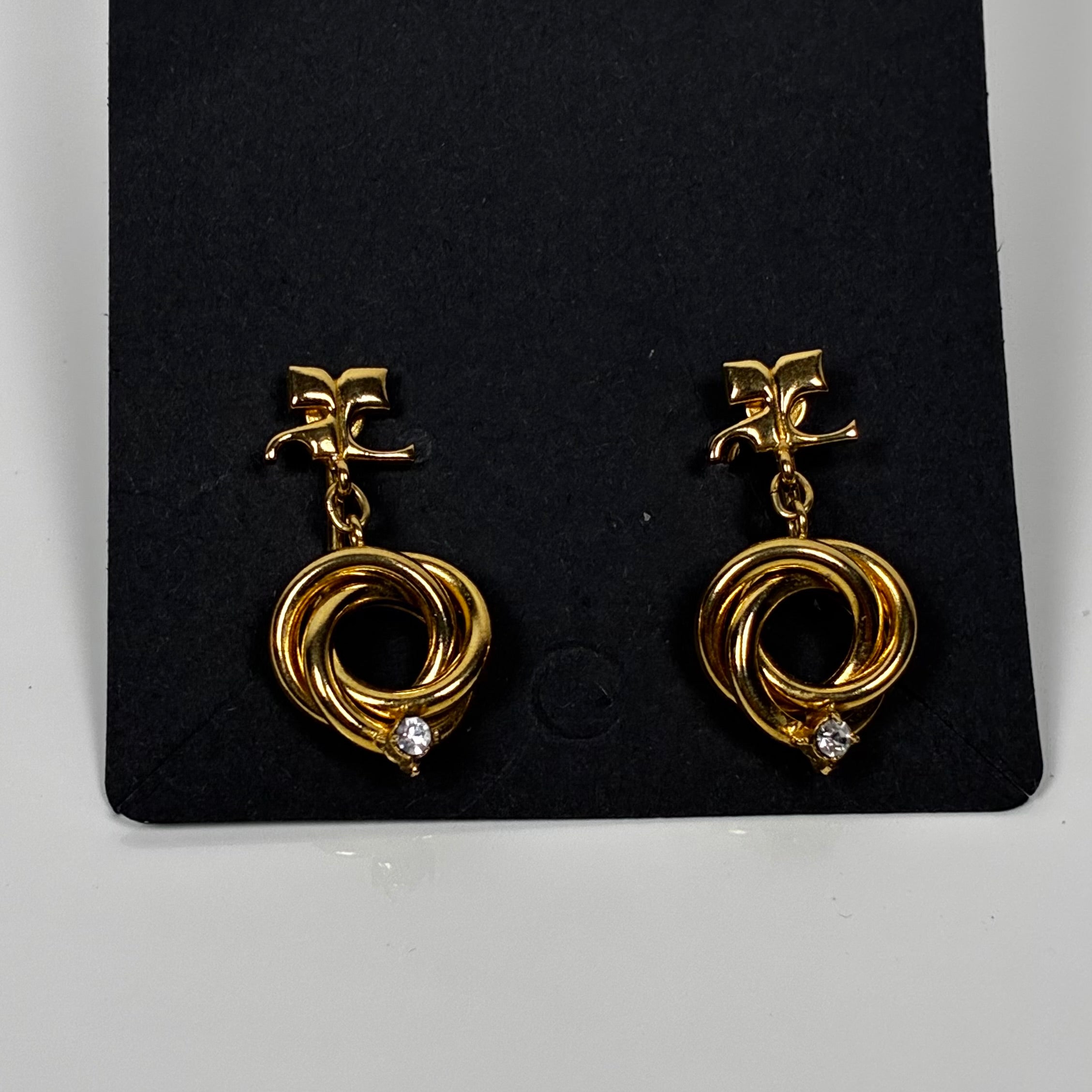 Courrèges Boucles d'Oreilles Pendentif Anneaux Torsadés Strass Doré