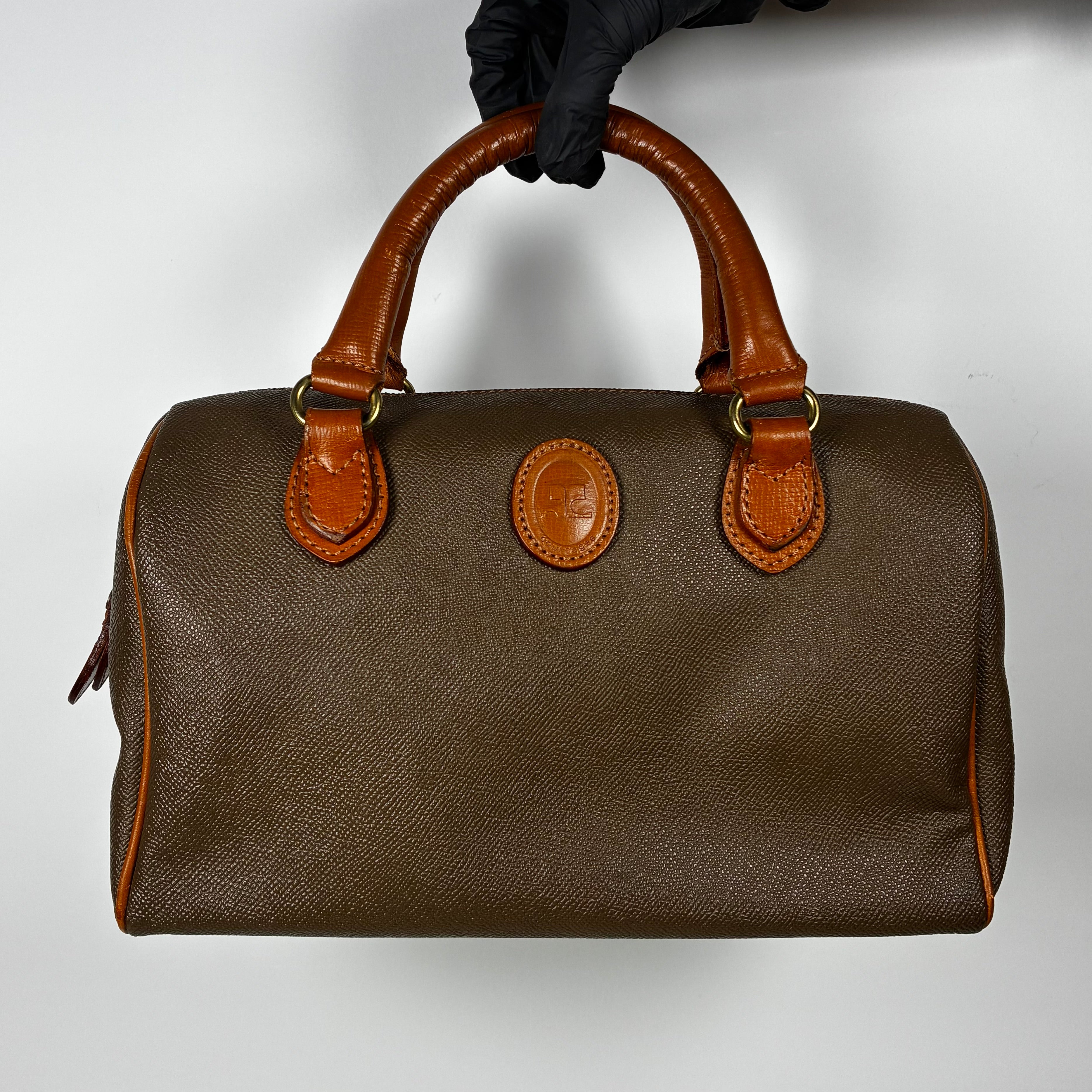 Courrèges Sac Mini Boston en toile enduite marron et cuir cognac