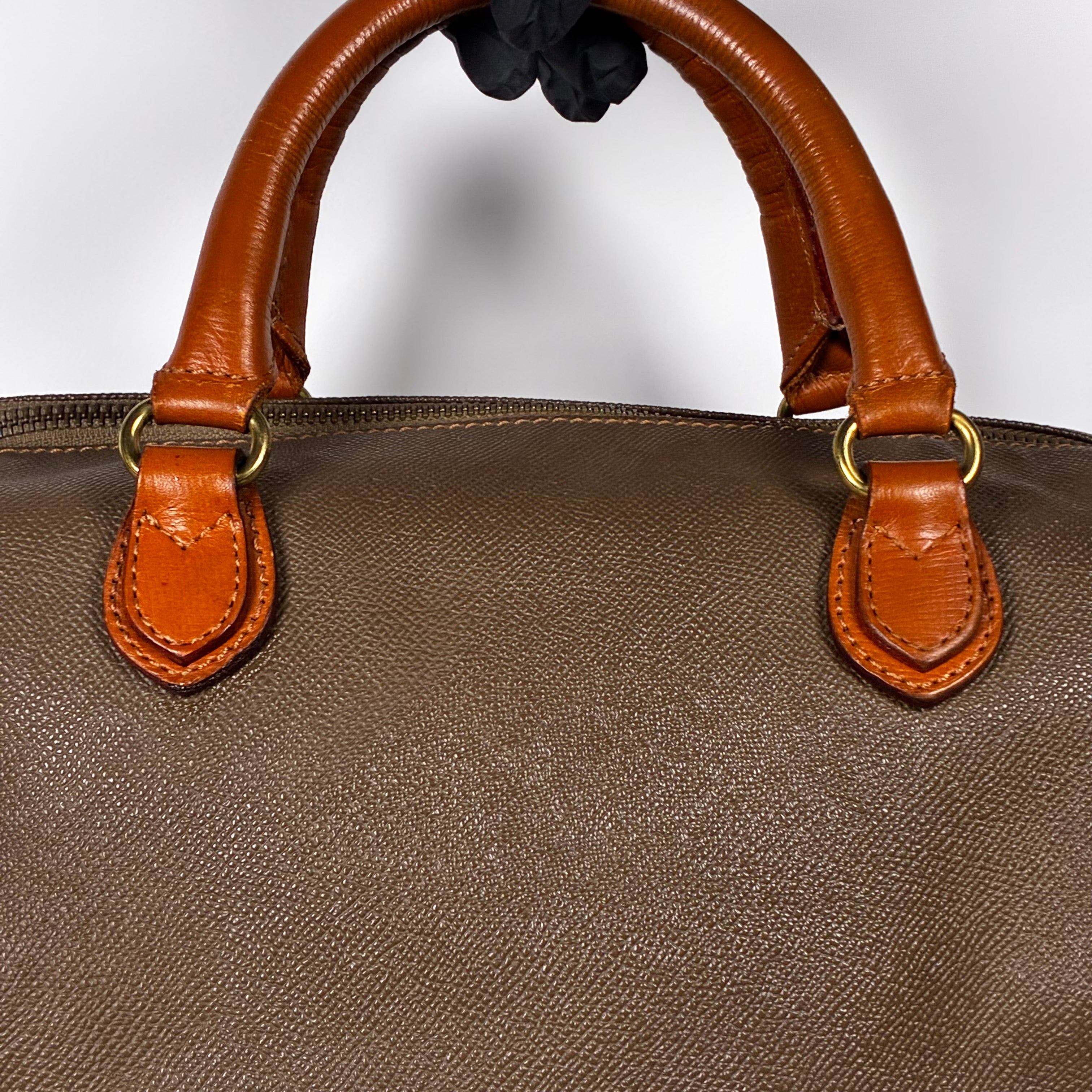 Courrèges Sac Mini Boston en toile enduite marron et cuir cognac