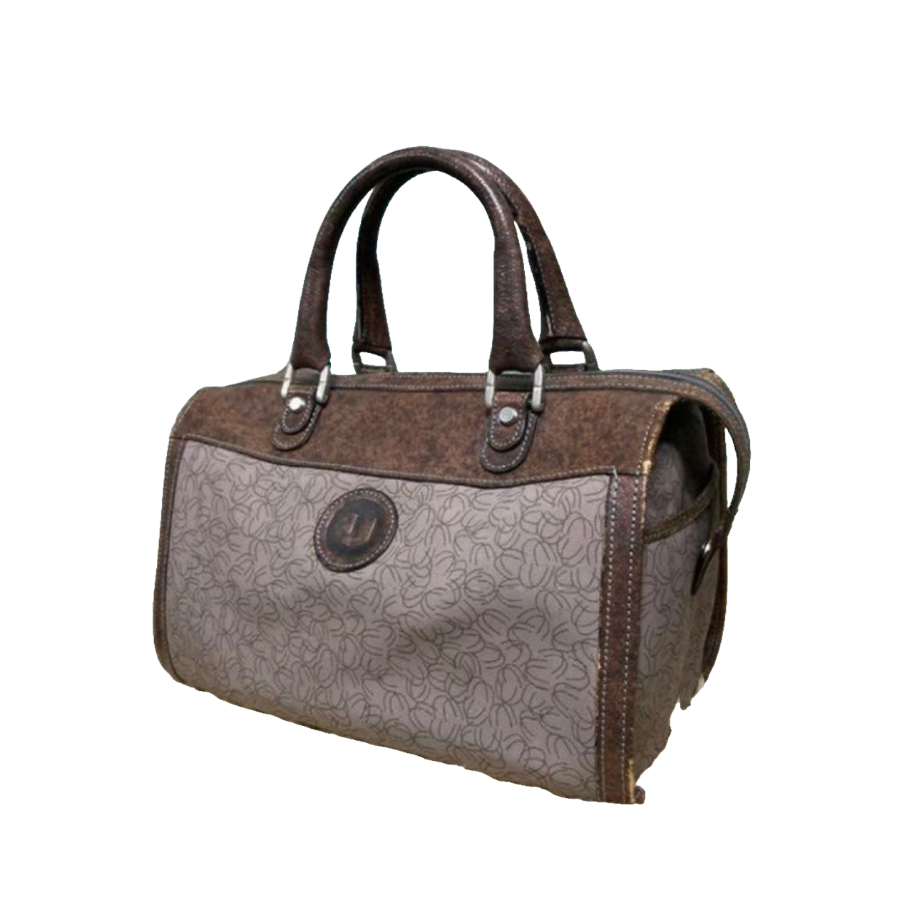 Ungaro Handbag Brown Grey Vintage Monogram Boston Satchel Top Handle Bag