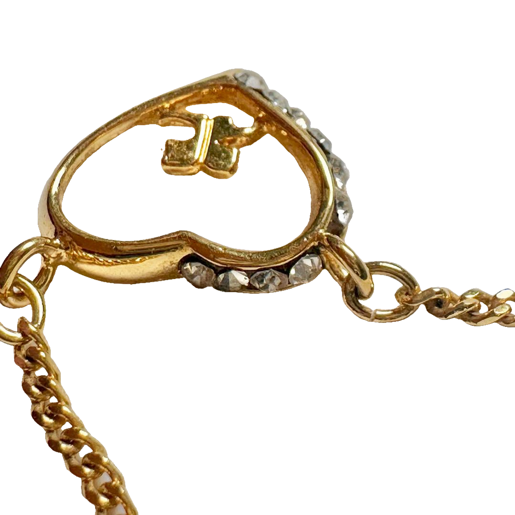 Courreges Necklace Gold Heart Pendant Rhinestone Logo Chain Vintage