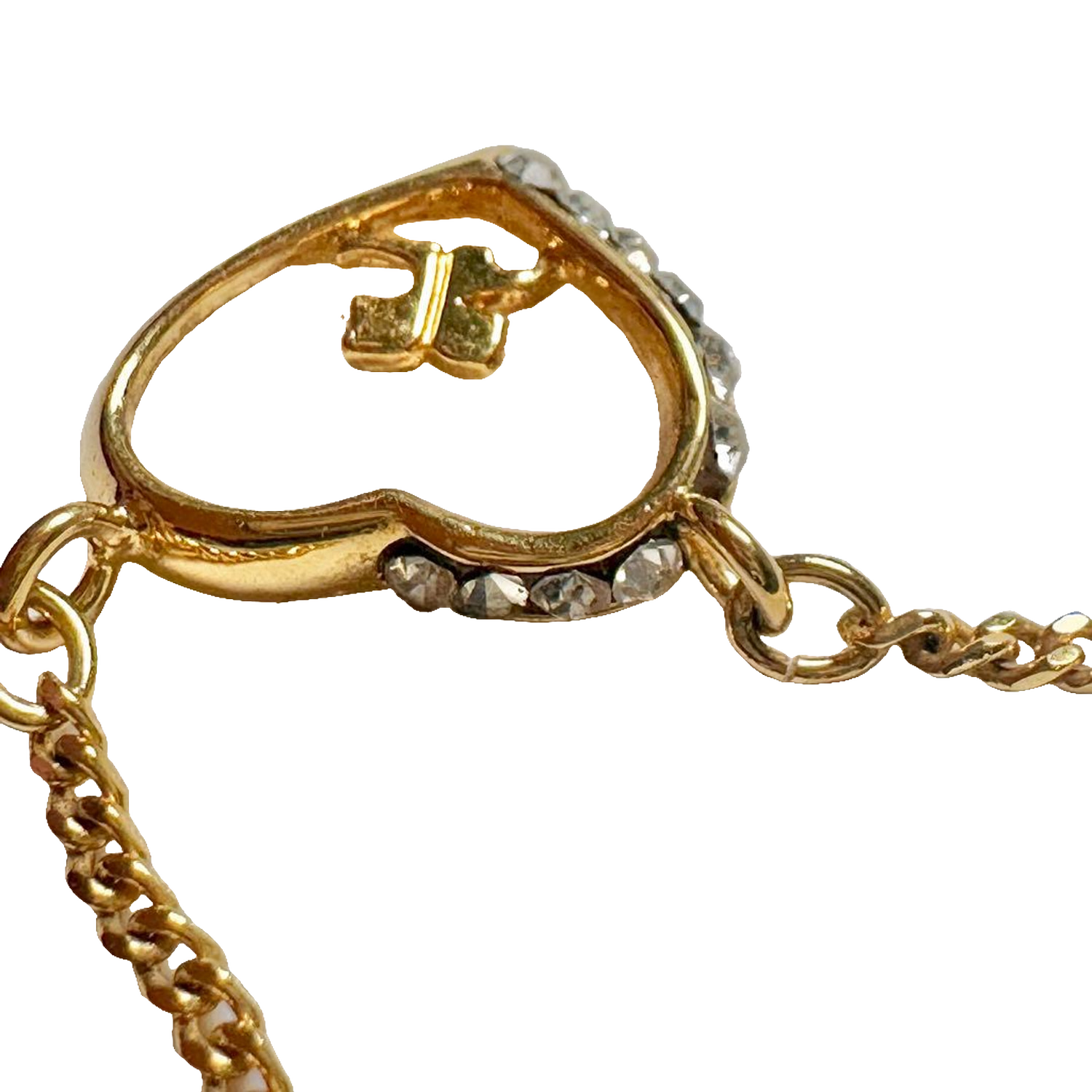 Courreges Necklace Gold Heart Pendant Rhinestone Logo Chain Vintage