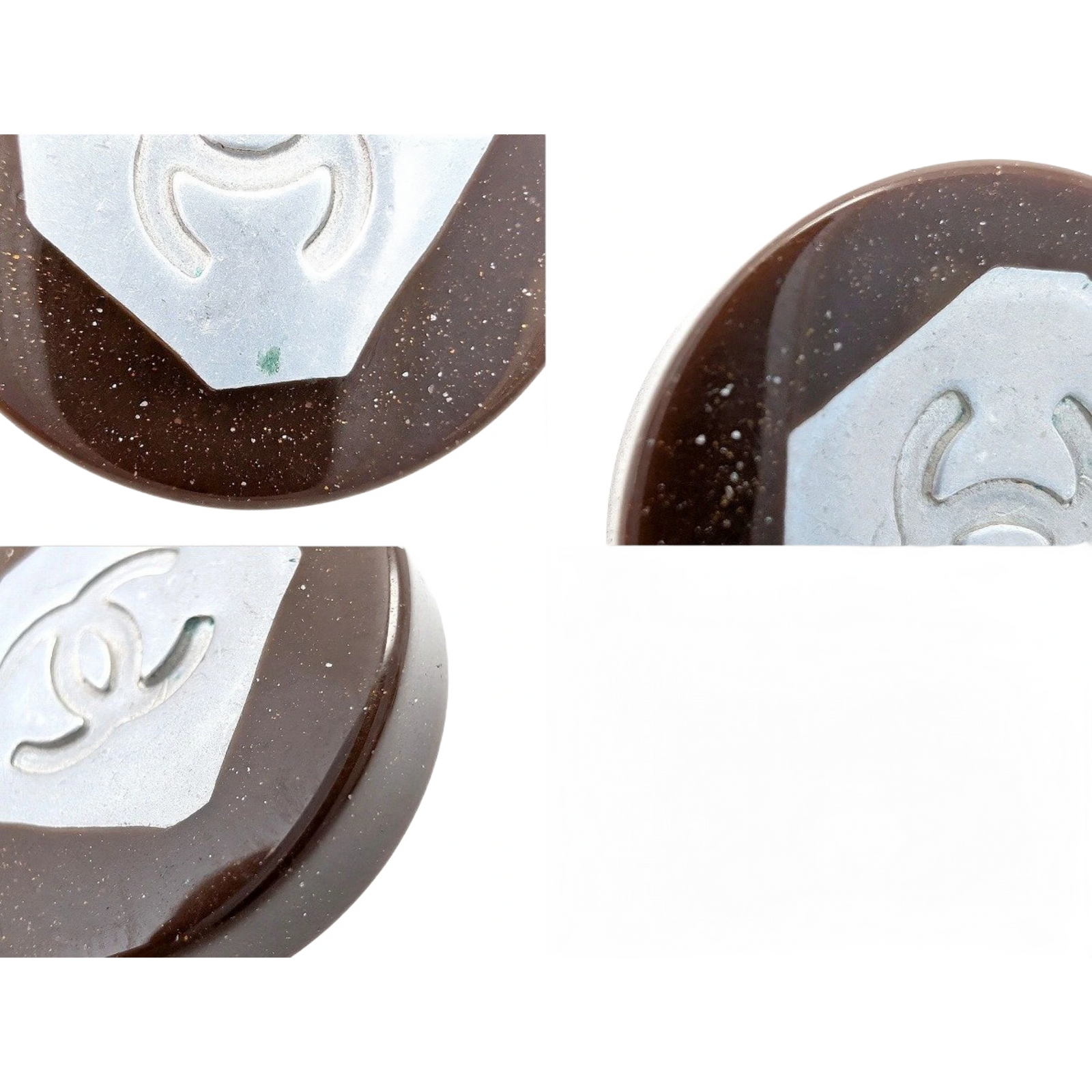 CHANEL Boucles d'oreilles 99P gravé, Coco Mark, plastique marron et argent