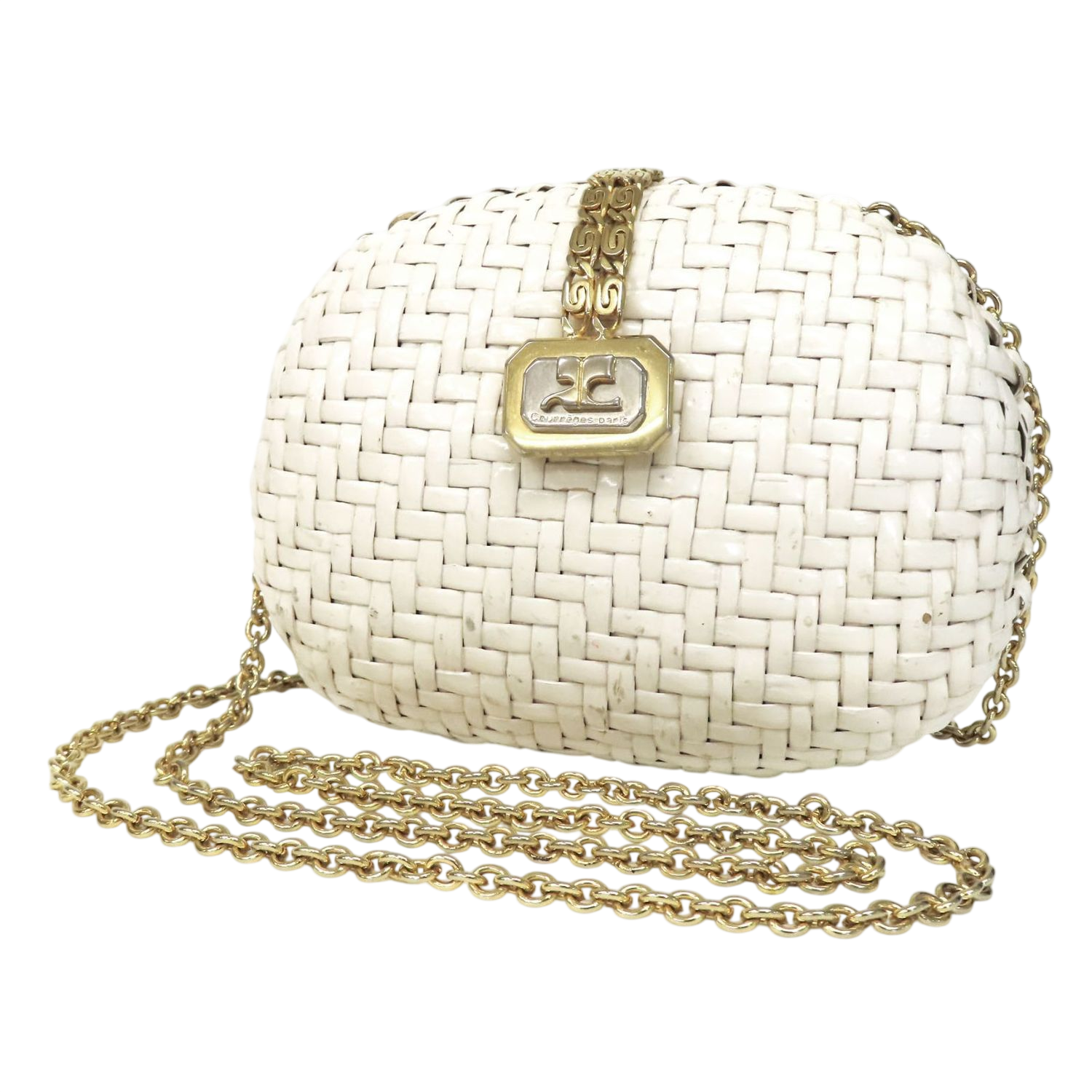 Courrèges Elegant White Woven Mini Bag with Chain Strap