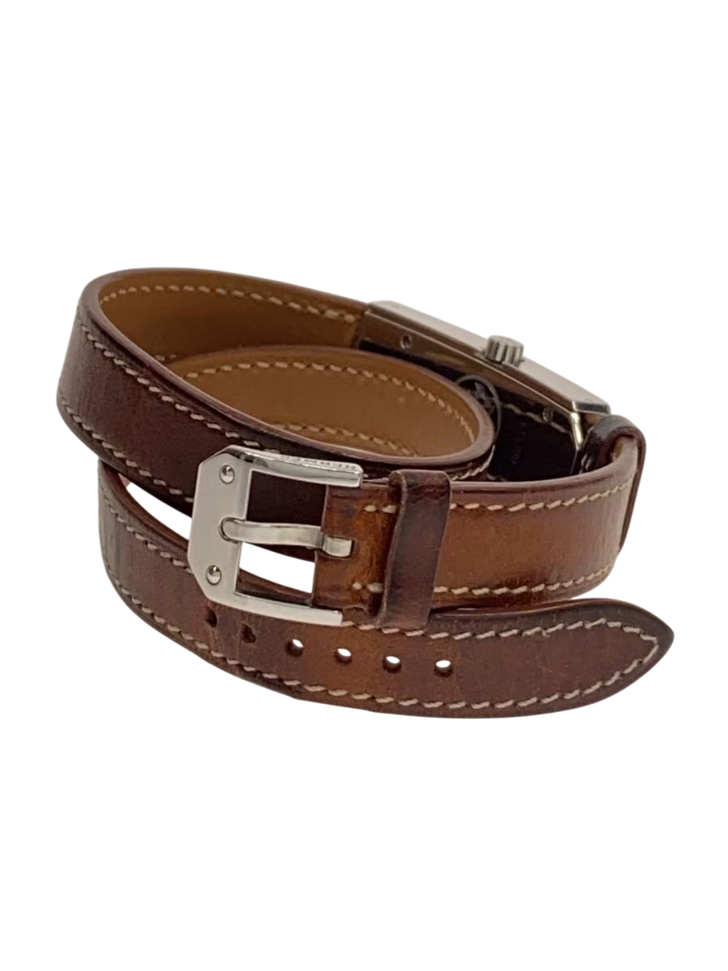 HERMÈS Paris Montre Kelly II acier cadran blanc chiffres arabes double tour cuir marron