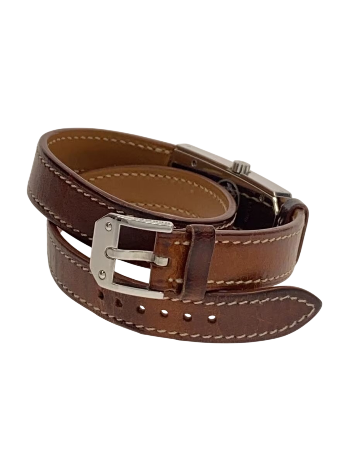 HERMÈS Paris Montre Kelly II acier cadran blanc chiffres arabes double tour cuir marron