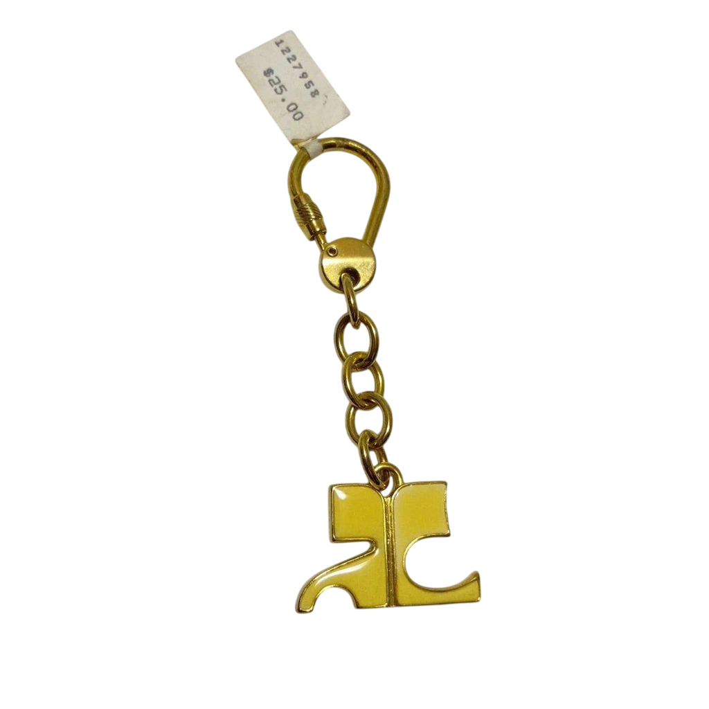 COURRÈGES Porte-clé logo AC émail jaune métal doré étiquette d'origine