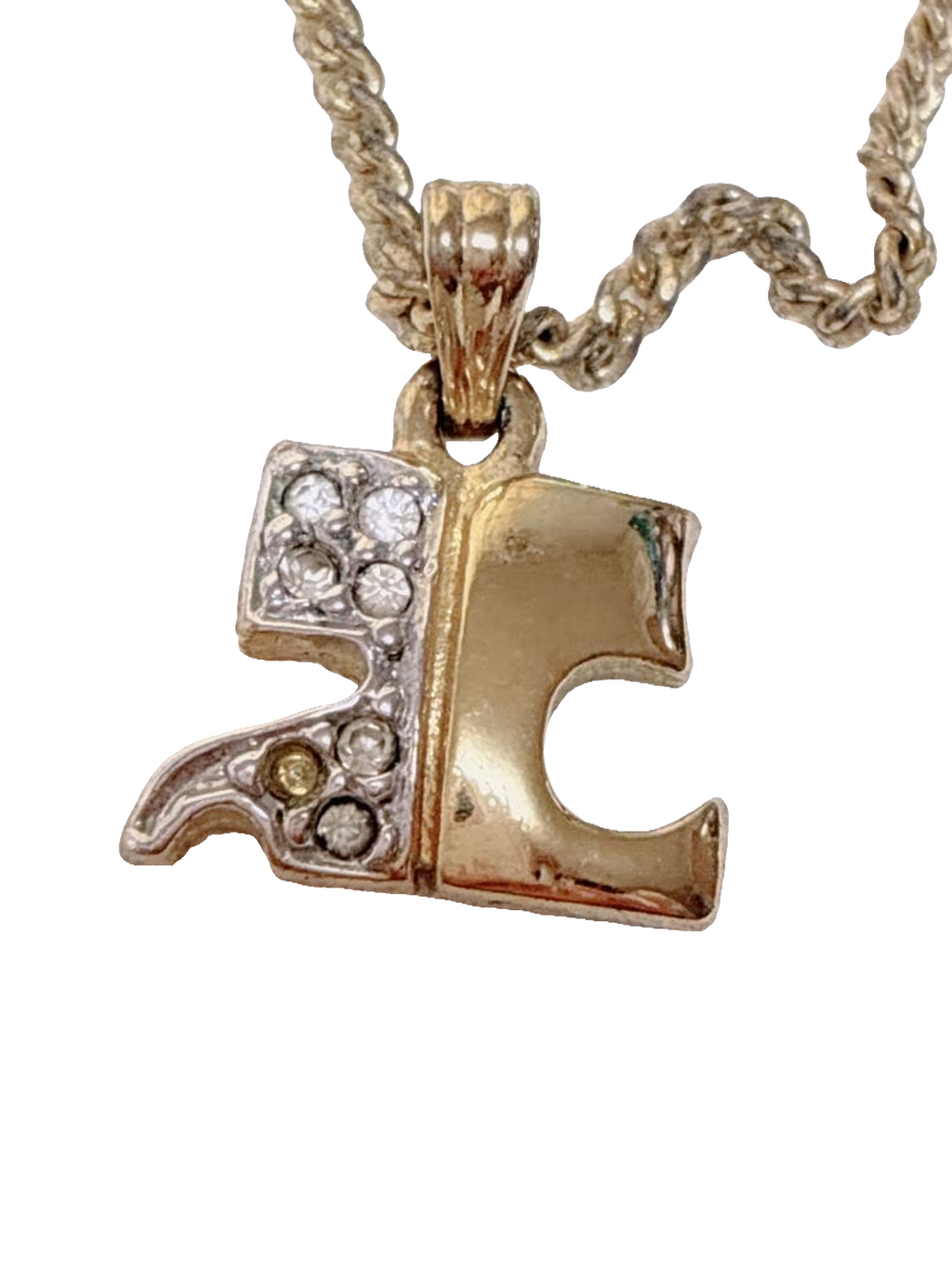Courrèges Necklace Gold Silver Rhinestone AC Logo Pendant Vintage Adjustable