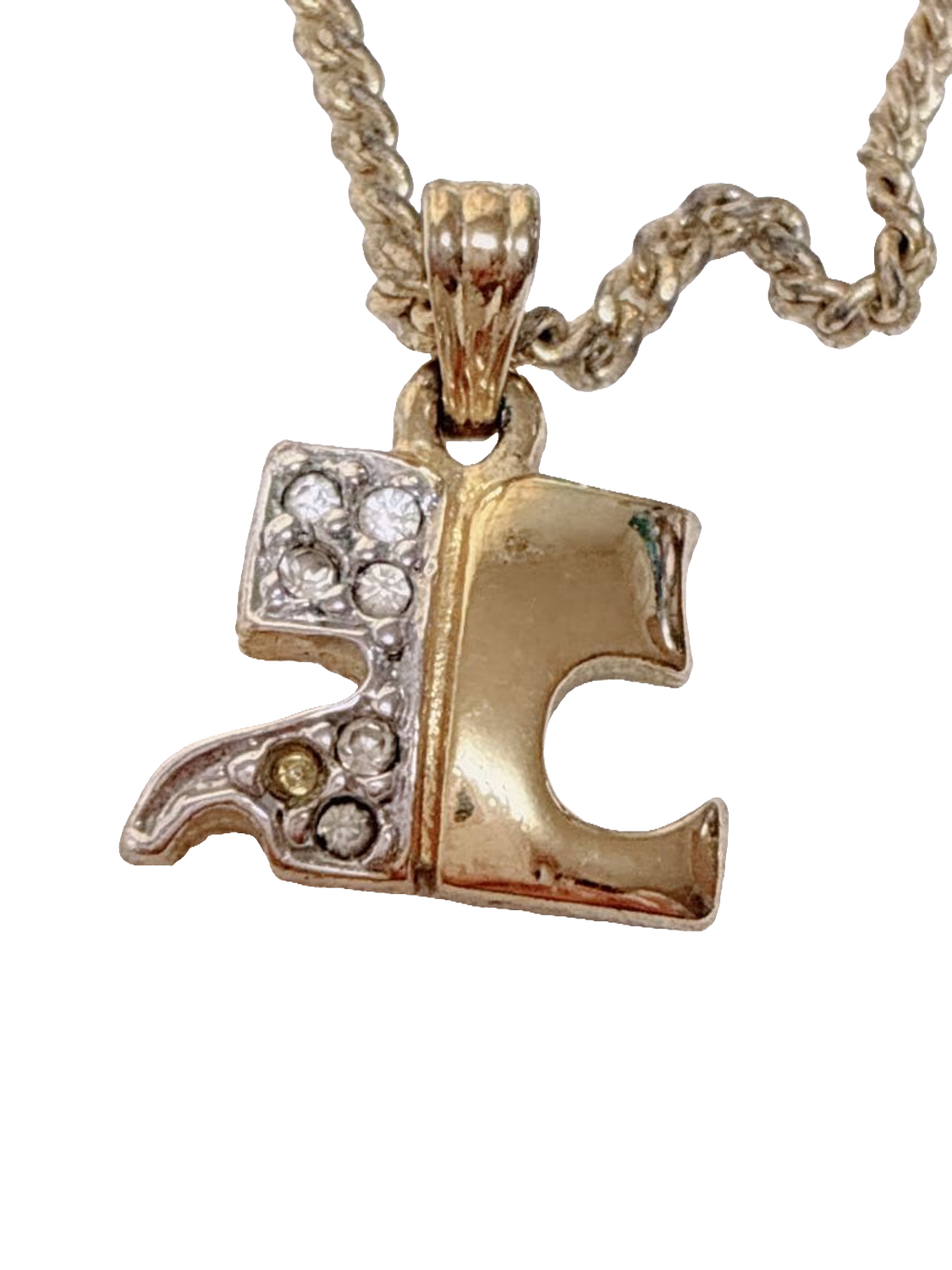 Courrèges Necklace Gold Silver Rhinestone AC Logo Pendant Vintage Adjustable