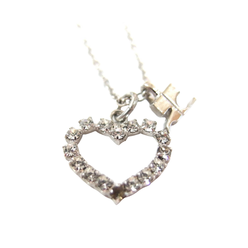 Courreges Necklace Silver Heart Rhinestone Logo Pendant Vintage