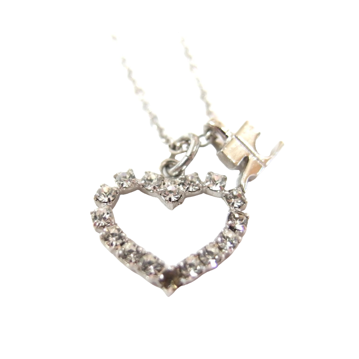 Courreges Necklace Silver Heart Rhinestone Logo Pendant Vintage