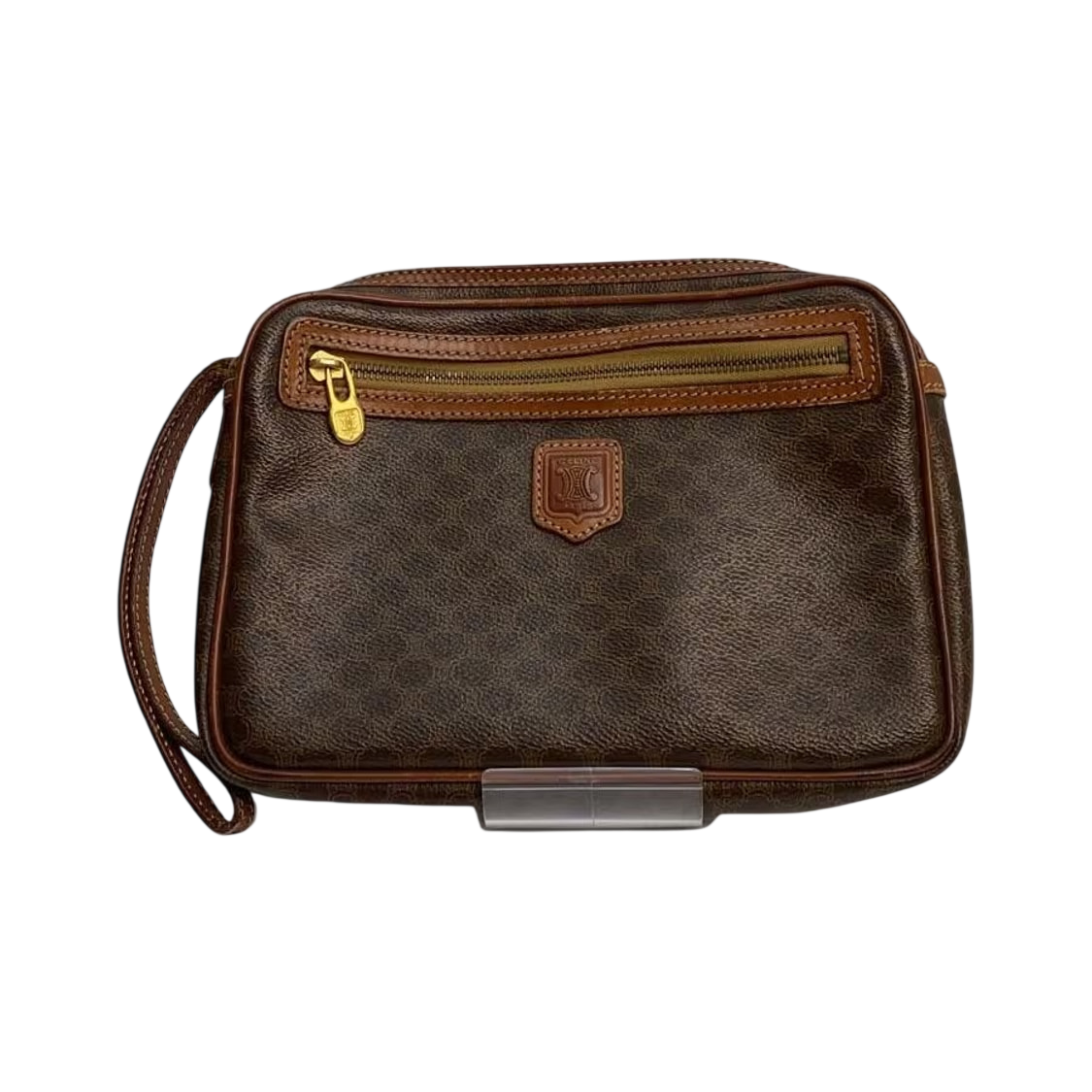 CÉLINE Paris Pochette wristlet toile Macadam marron zip façade
