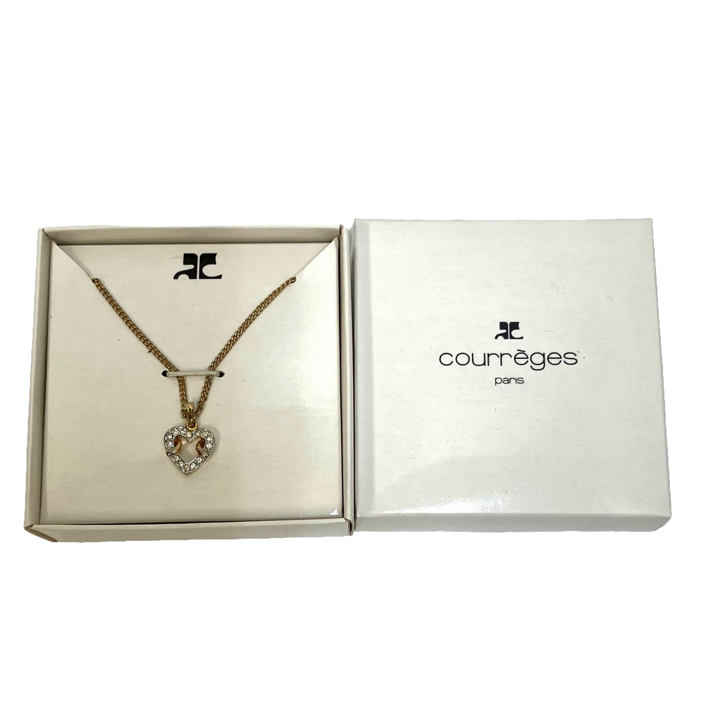 Courreges Necklace Gold Silver Heart Pendant Rhinestone Vintage Paris