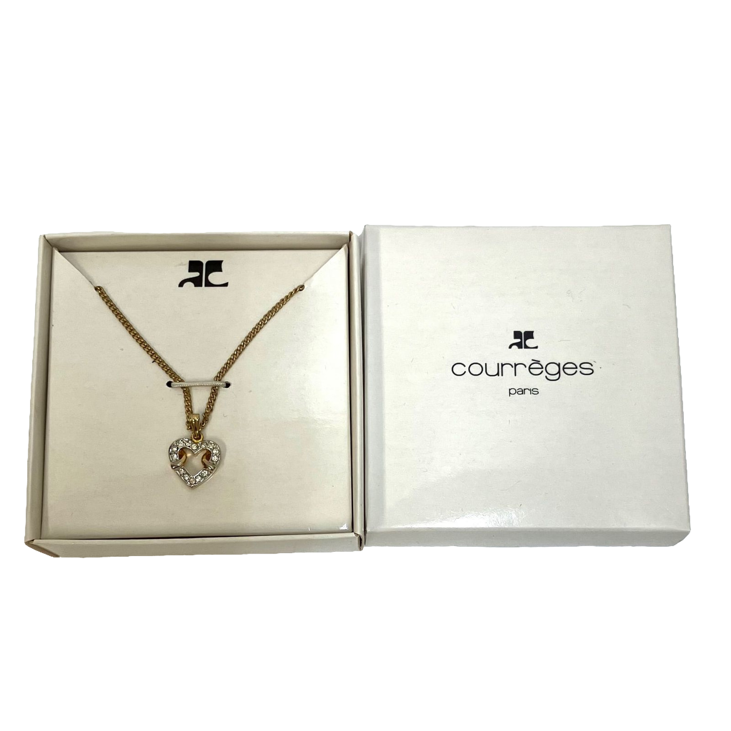 Courreges Necklace Gold Silver Heart Pendant Rhinestone Vintage Paris