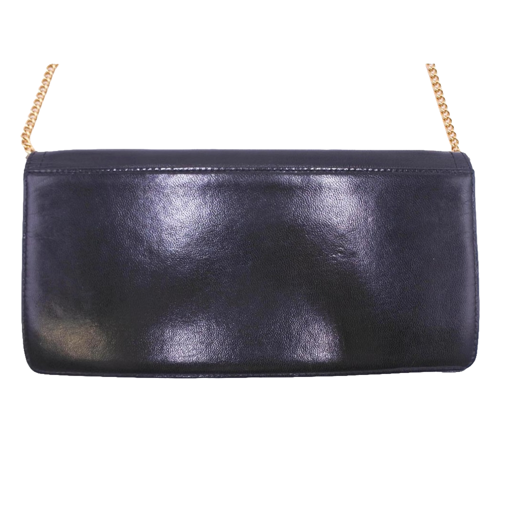 PIERRE CARDIN Pochette soirée cuir noir lisse chaîne dorée logo PC