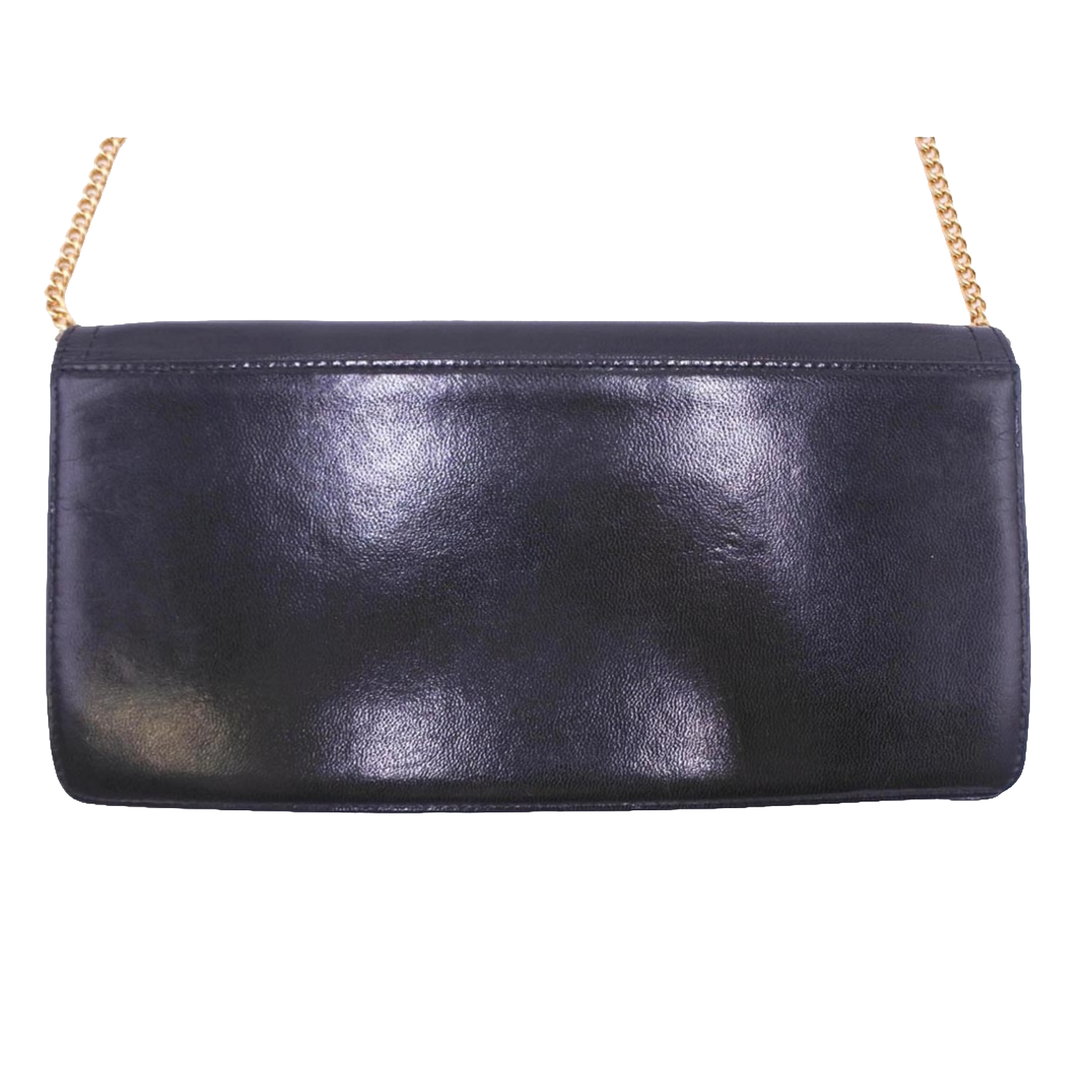 PIERRE CARDIN Pochette soirée cuir noir lisse chaîne dorée logo PC