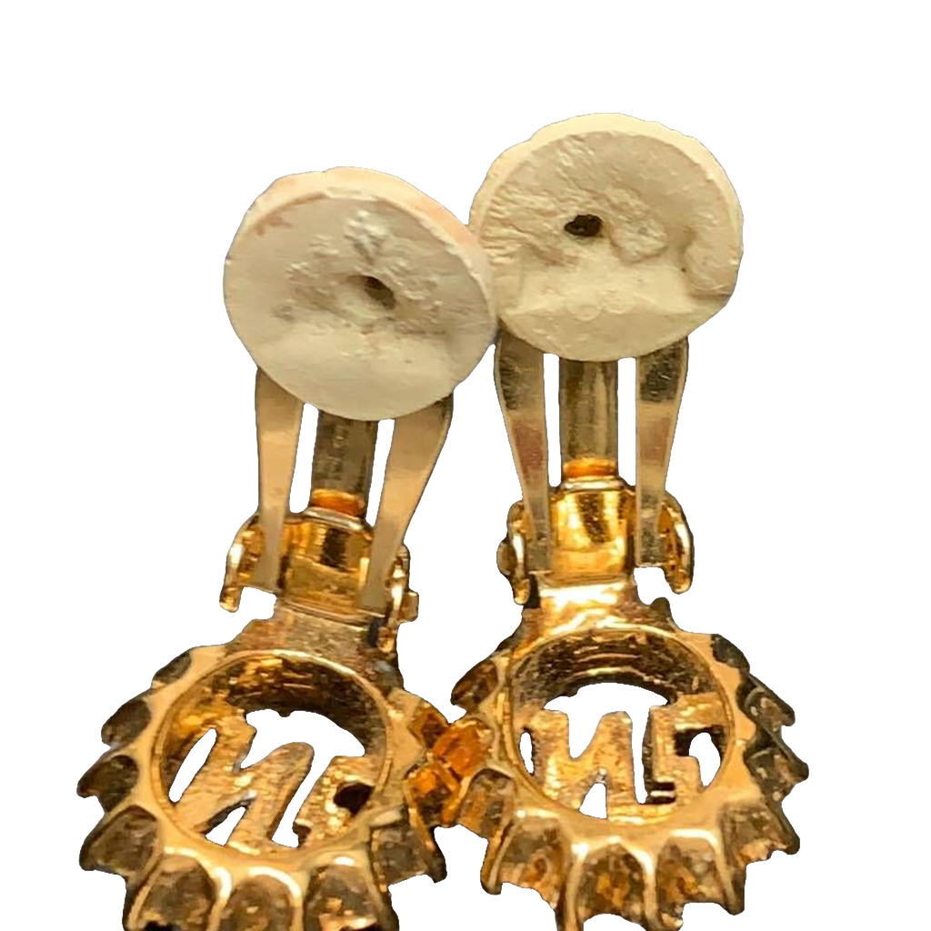Nina Ricci Earrings Gold Silver NR Monogram Vintage Rhinestone Clip-On
