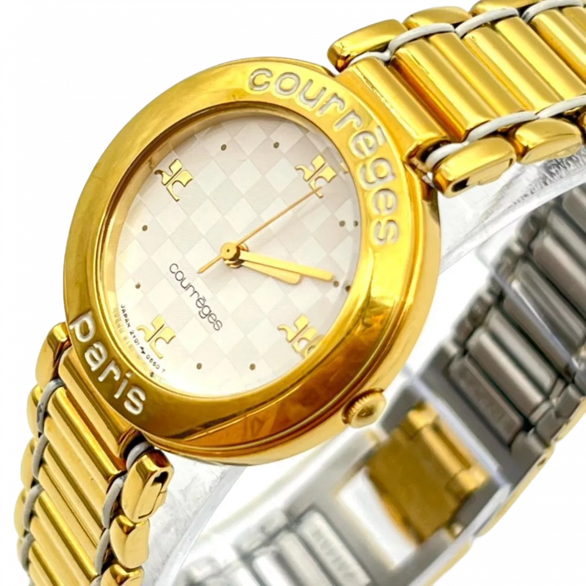 COURRÈGES Montre cadrant echec bicolor or et argent femme