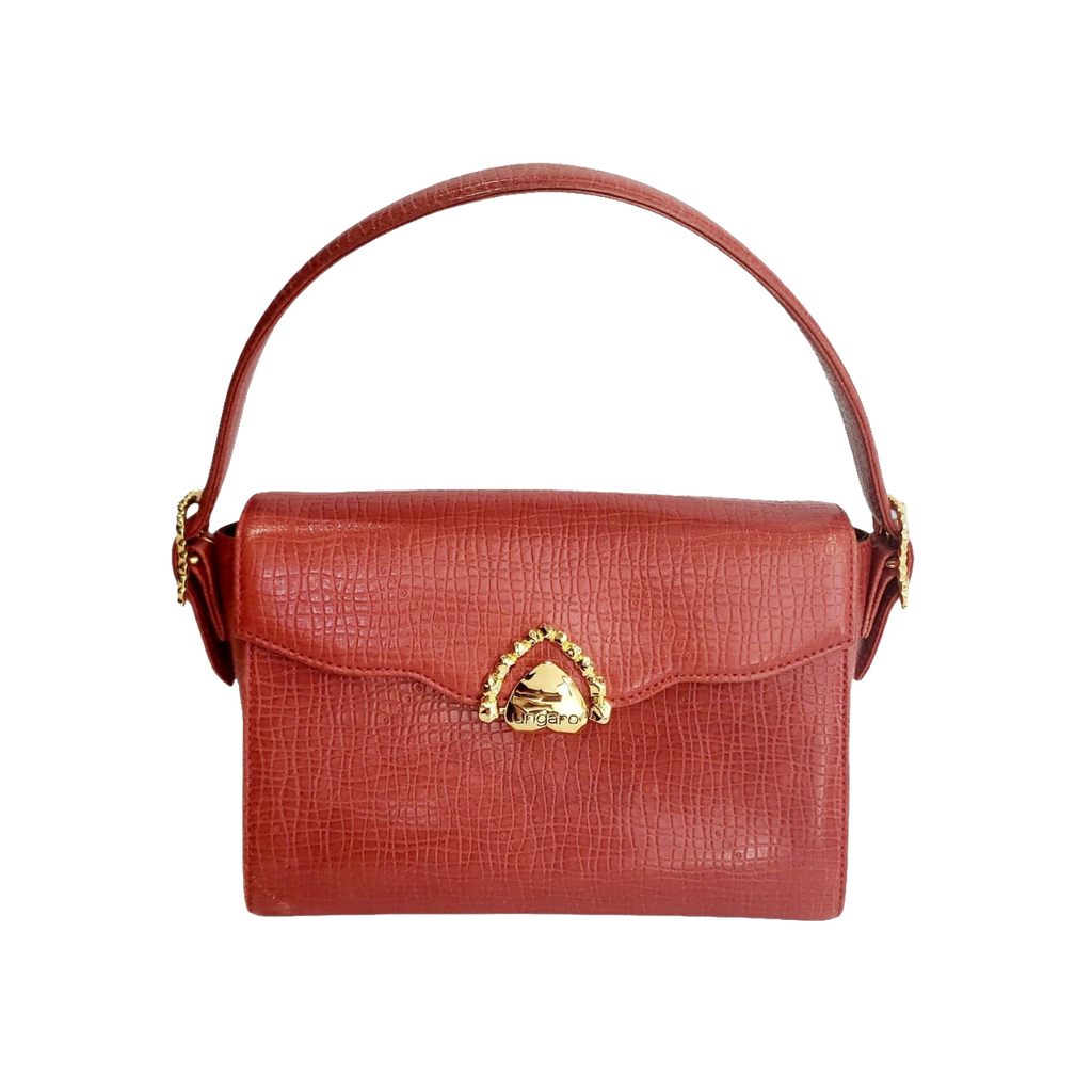 Ungaro Handbag Red Vintage Textured Leather Top Handle Gold Clasp