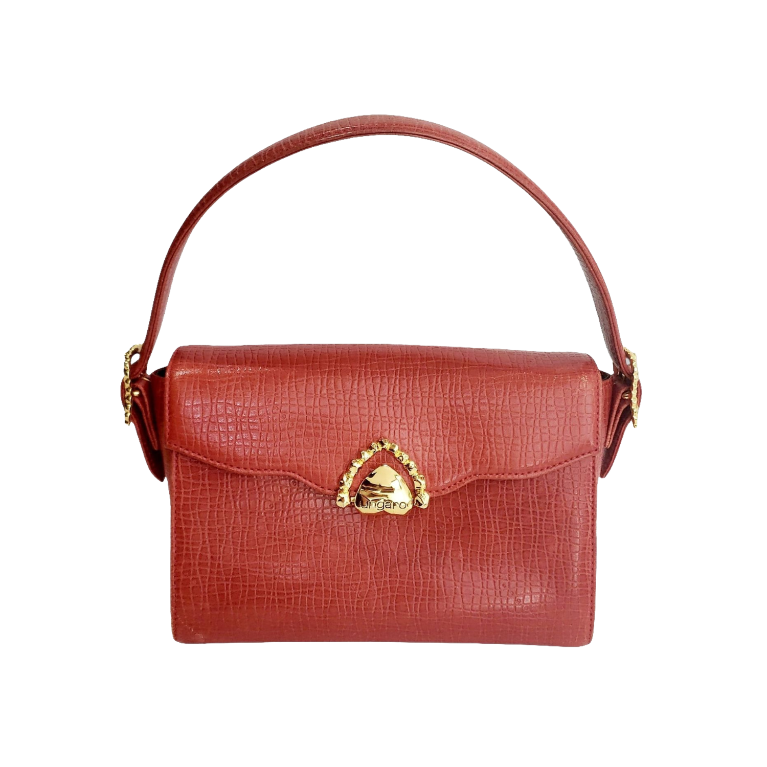Ungaro Handbag Red Vintage Textured Leather Top Handle Gold Clasp