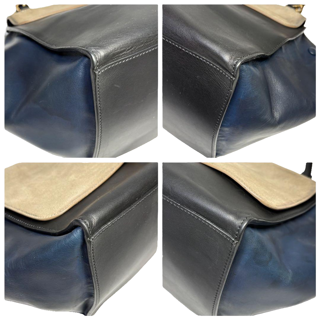 Celine Handbag Medium Black Blue Beige Trapeze Tri-Color Leather Suede