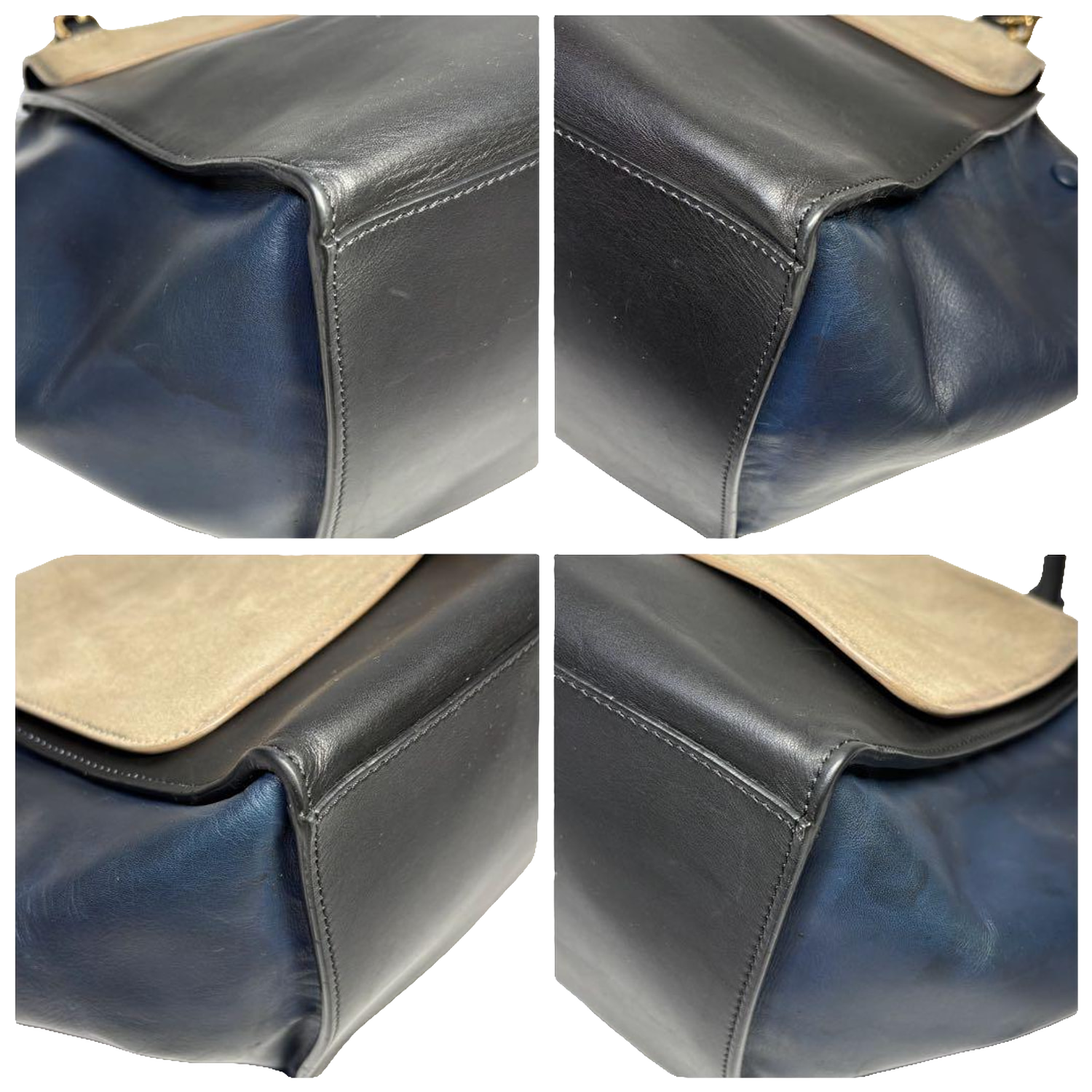 Celine Handbag Medium Black Blue Beige Trapeze Tri-Color Leather Suede