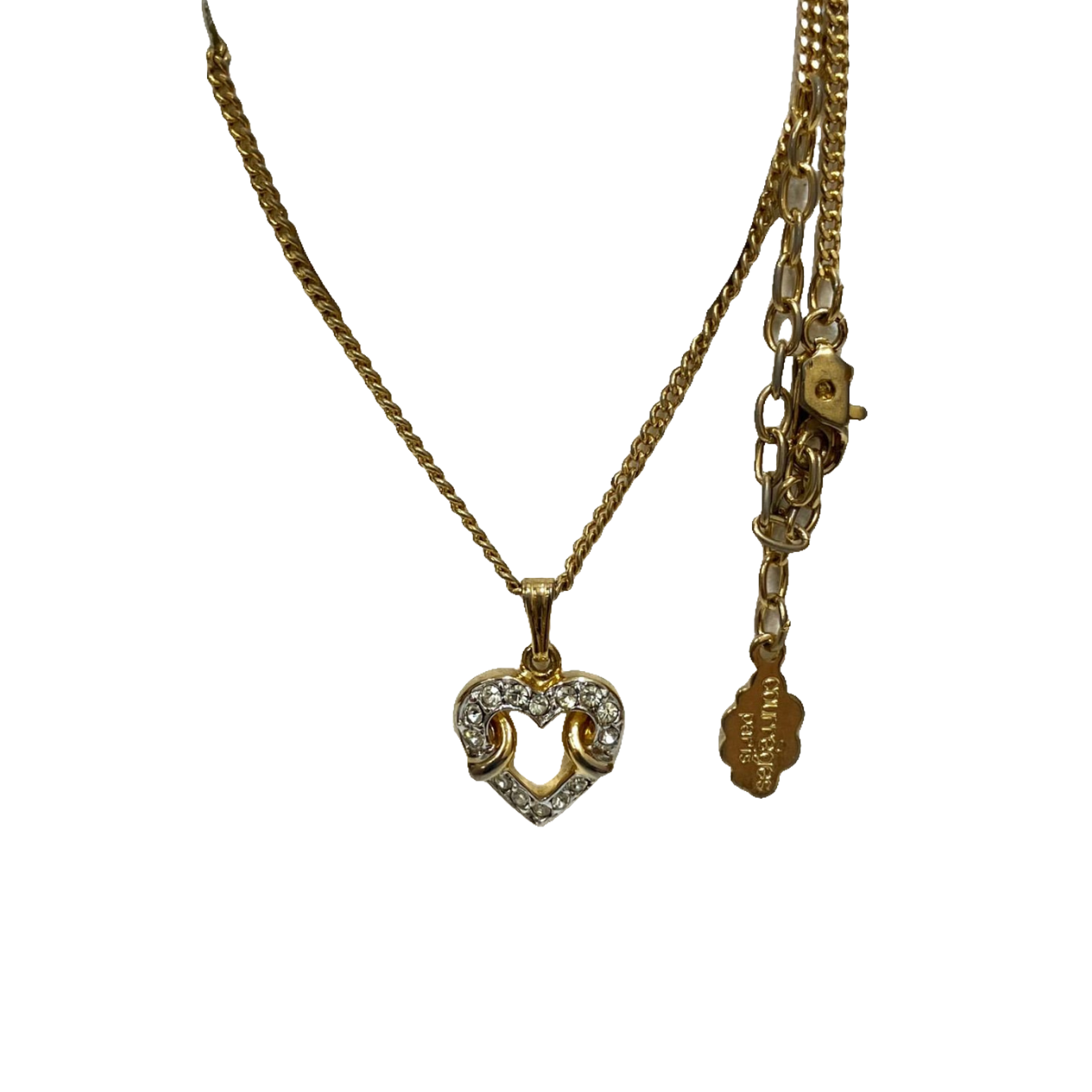 Courreges Necklace Gold Silver Heart Pendant Rhinestone Vintage Paris