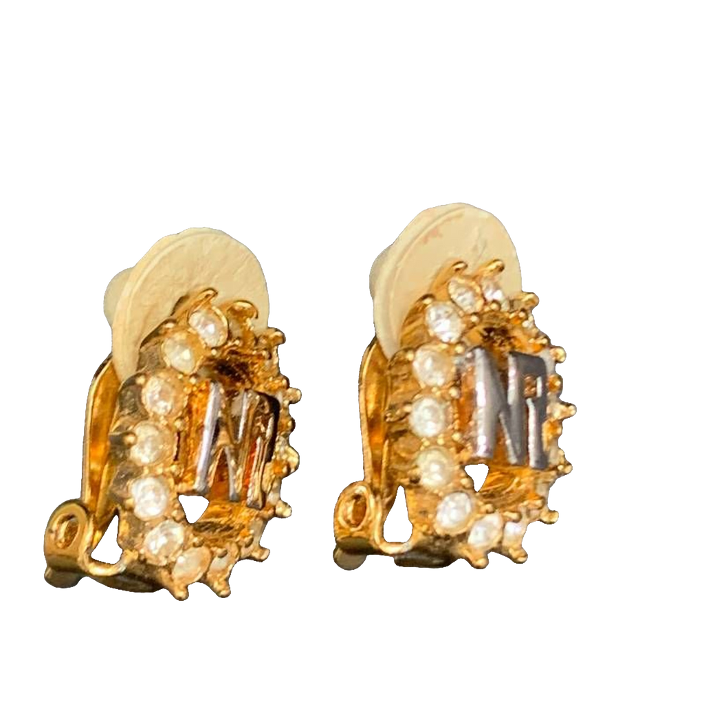 Nina Ricci Earrings Gold Silver NR Monogram Vintage Rhinestone Clip-On