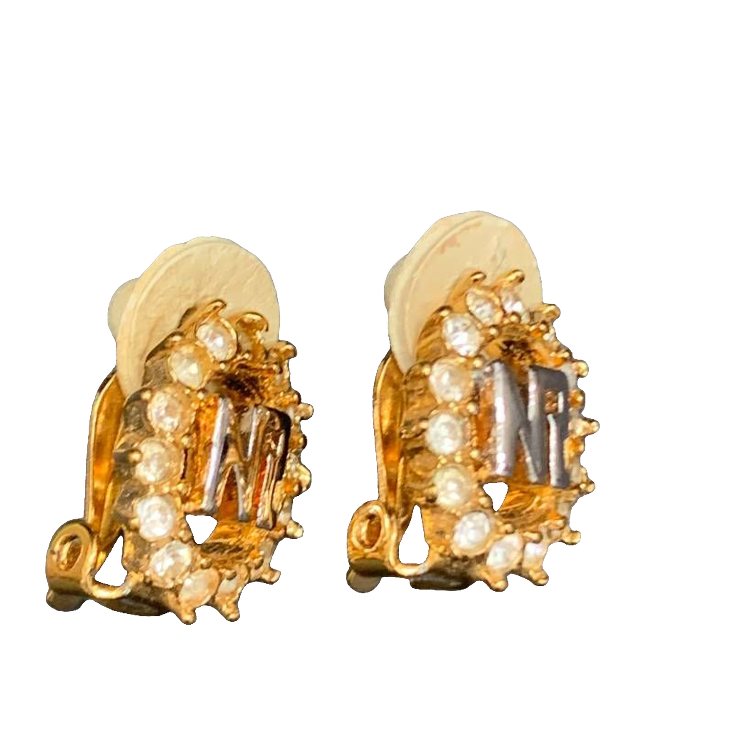 Nina Ricci Earrings Gold Silver NR Monogram Vintage Rhinestone Clip-On